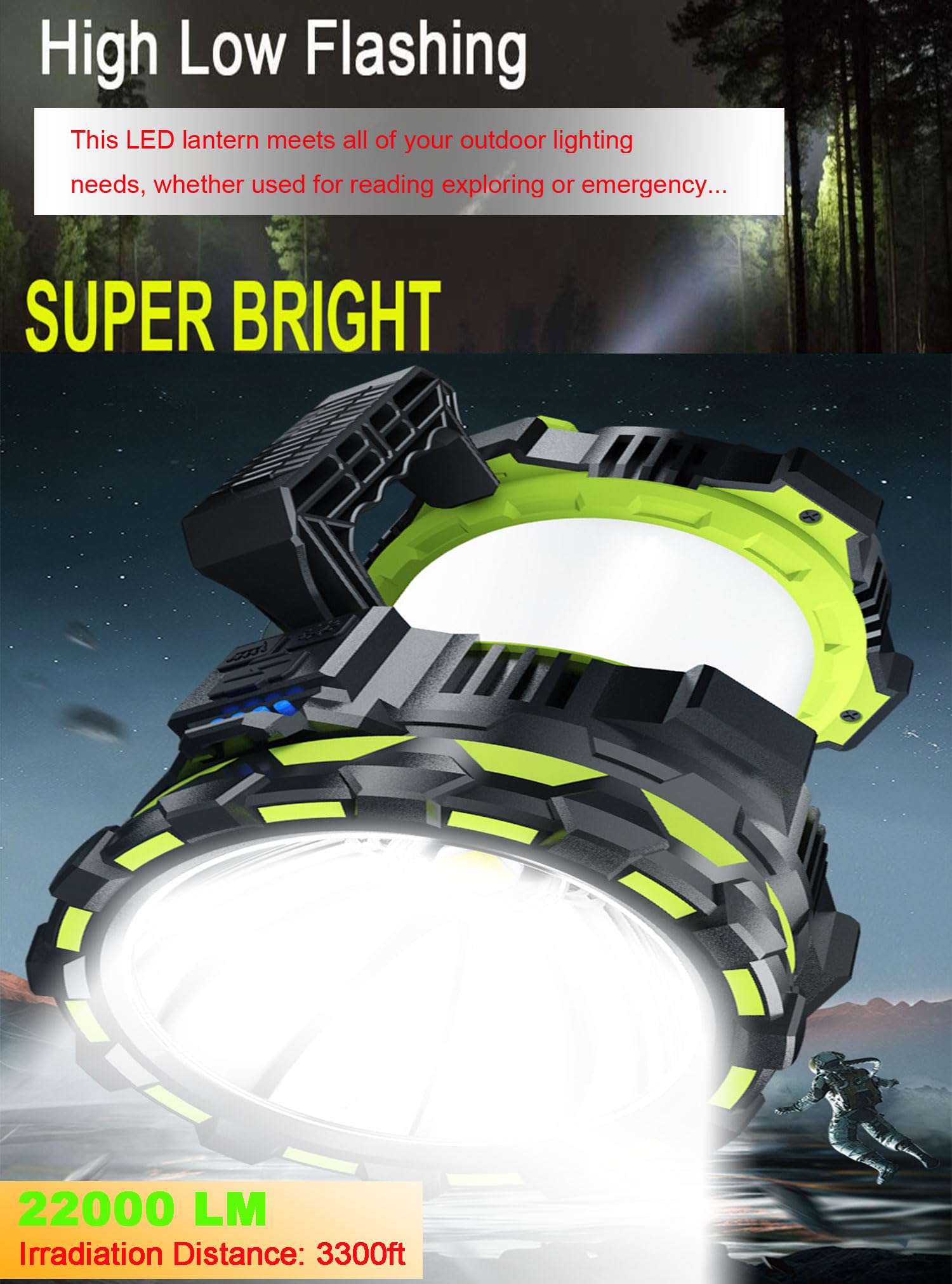 Linterna LED grande de 22000 lm, 6 modos recargables, de mano, para camping, caza, luces de trabajo portátiles para emergencias en interiores y exteriores