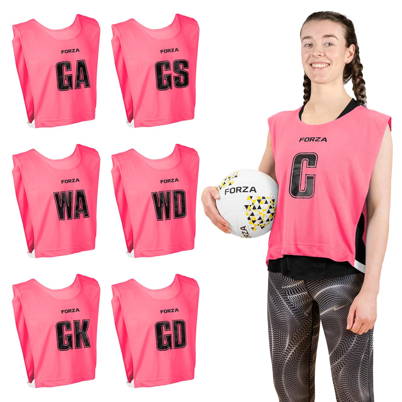 FORZA Pro Netball Bibs [7 Pack] | Full Netball Player Position Bib Pack Available in 7 Colours - Breathable and Comfortable Bibs for Schools & Clubs (Pink, Large)