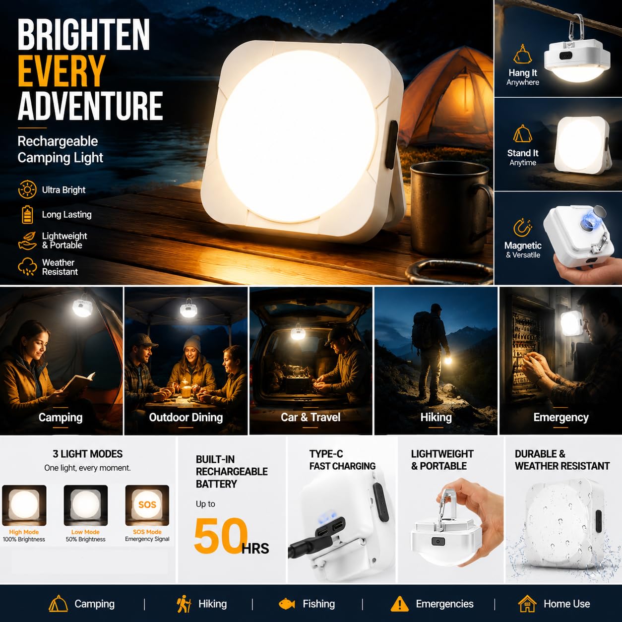 Linterna LED recargable para acampar: 2000 mAh, luz de tienda de campaña con imán, linterna impermeable esencial para camping, senderismo, corte de energía, emergencia, supervivencia, mochilero