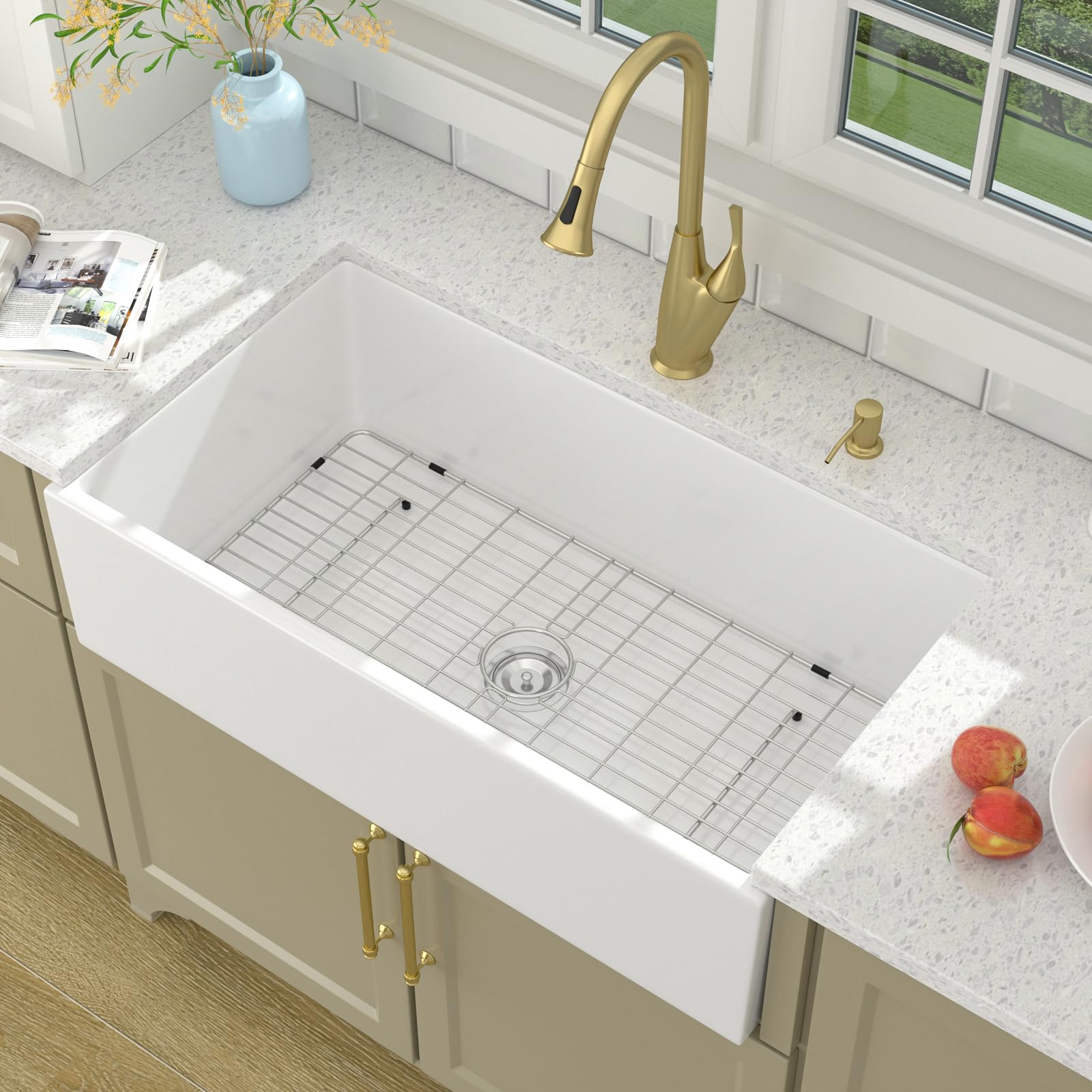 36 Inch White Farmhouse Sink - Lordear Farmhouse Kitchen Sink 36 x 20 Inch White Fireclay Porcelain Ceramic Single Bowl Apron Front Barn Sink 36x20x10 Inch