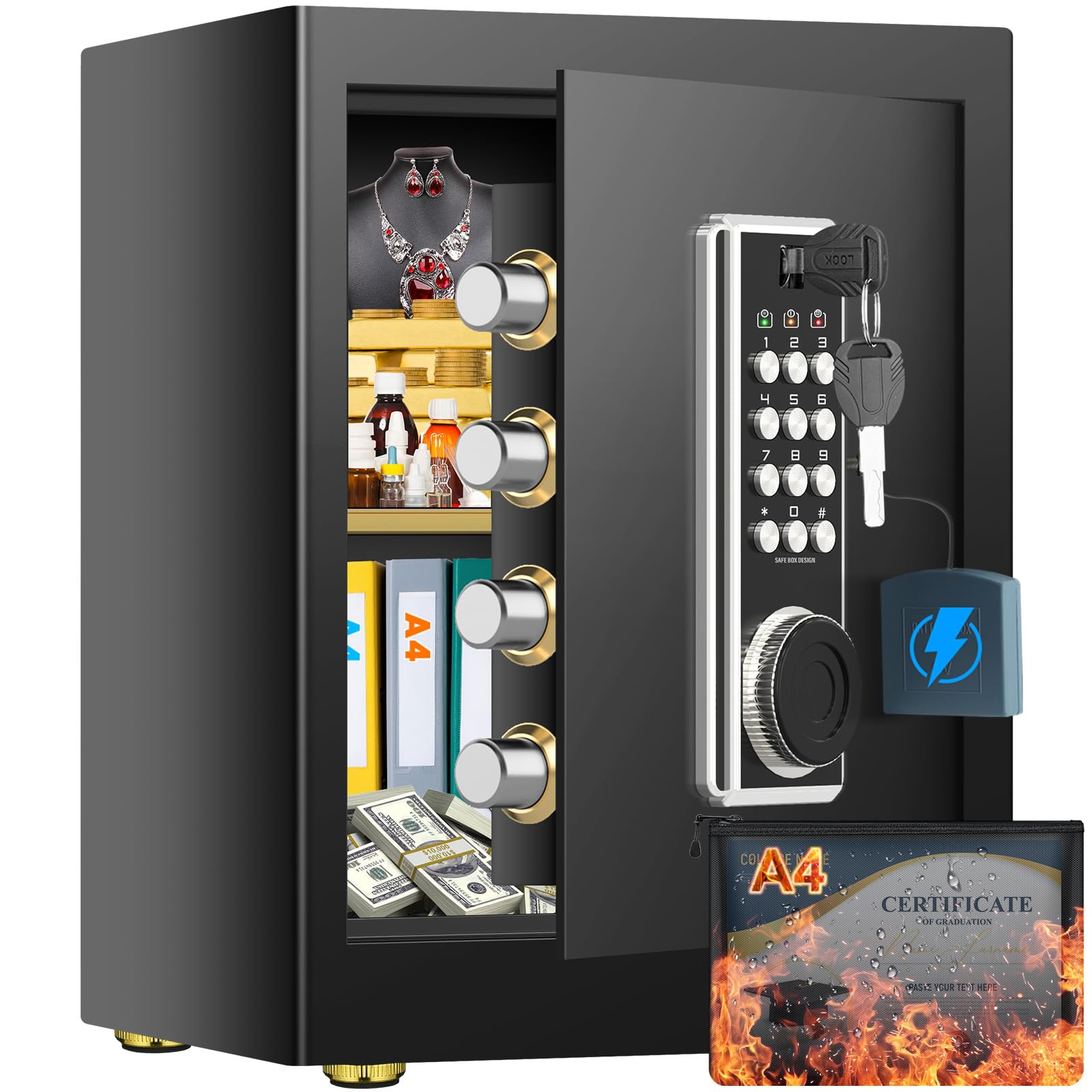 2.5 cu ft Large Home Safe Box with A4 Fireproof Waterproof Bag, Anti-Theft Digital Security Safe with Electronic Lock and Removable Shelf, Personal Document Safe for Jewelry Cash Document
