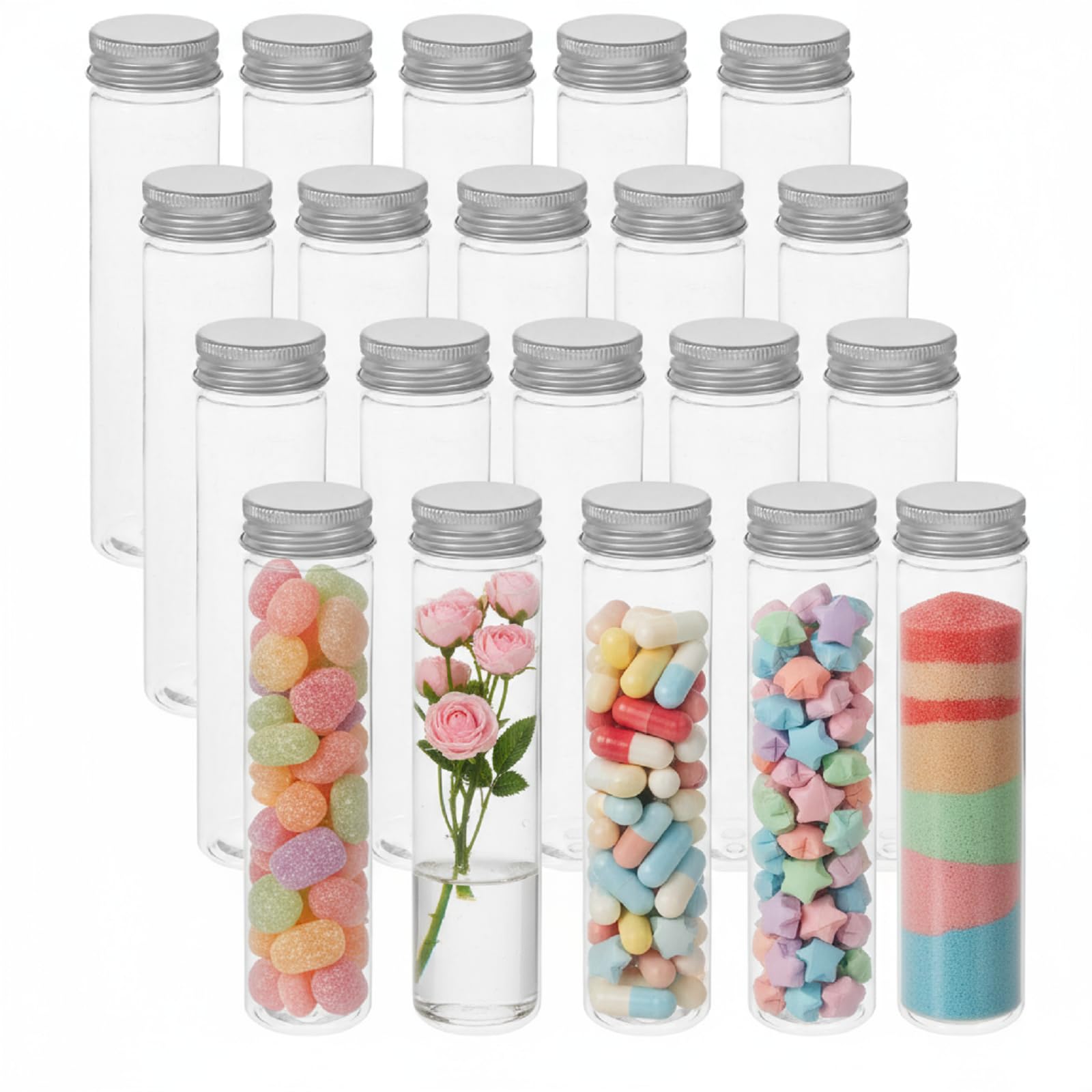 Tubes à essai 110 ml avec bouchons à vis : lot de 20 en plastique transparent