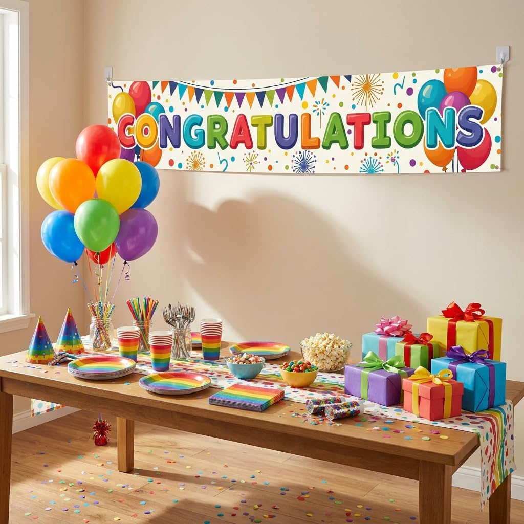 Congratulations Banner Party Decorations Supplies - Large 8.2ft x 1.5ft Colorful Fabric Sign for Graduation Retirement Promotion Anniversary - Outdoor Indoor Celebration Wall Decor with 20ft Rope image 3