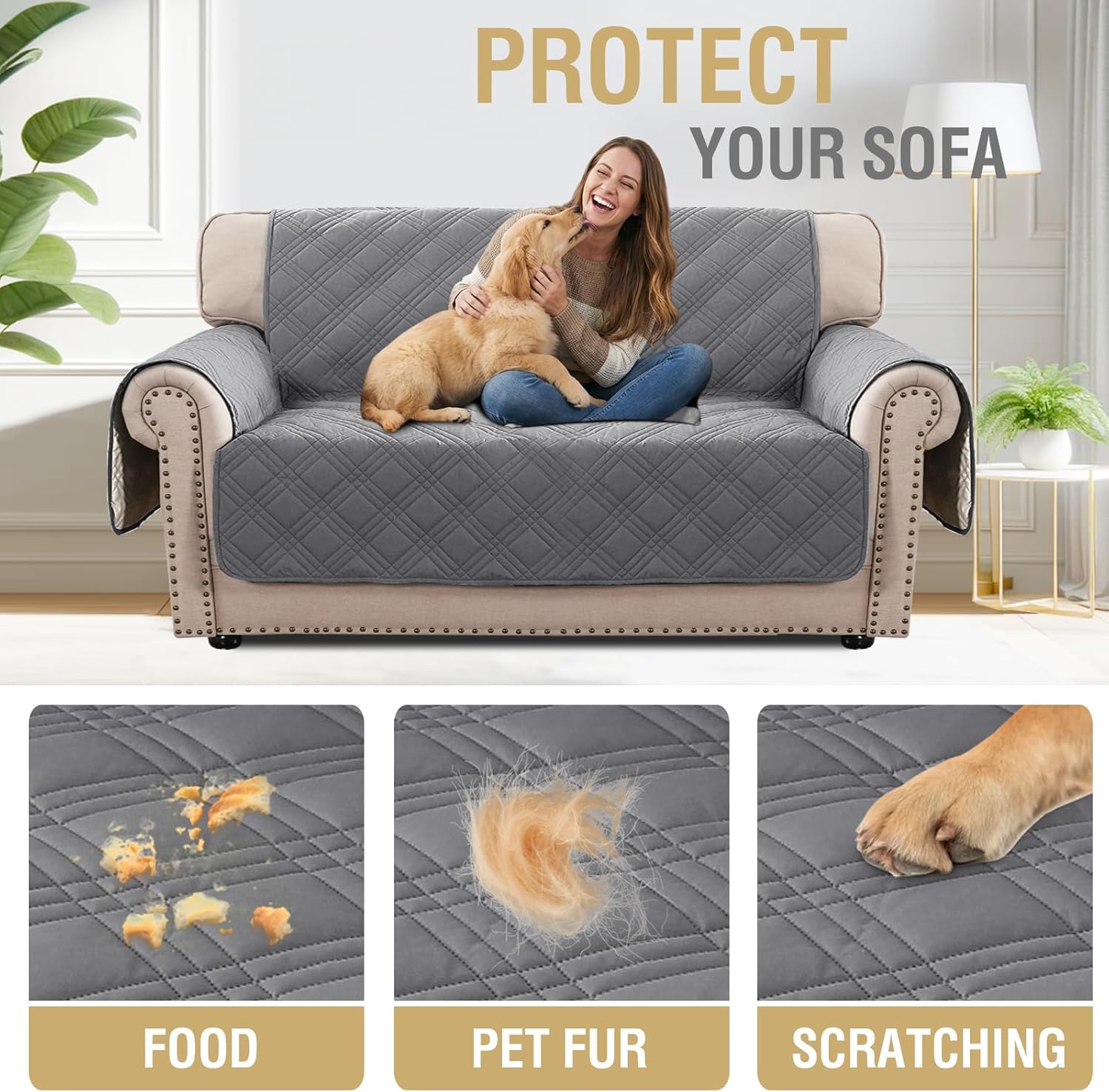 H.VERSAILTEX 100% Waterproof Loveseat Covers for 2 Cushion Couch Modern Sofa Covers Waterproof and Washable Thick Soft Couch Cover for Dogs with Elastic Straps (Loveseat, Grey/Beige)