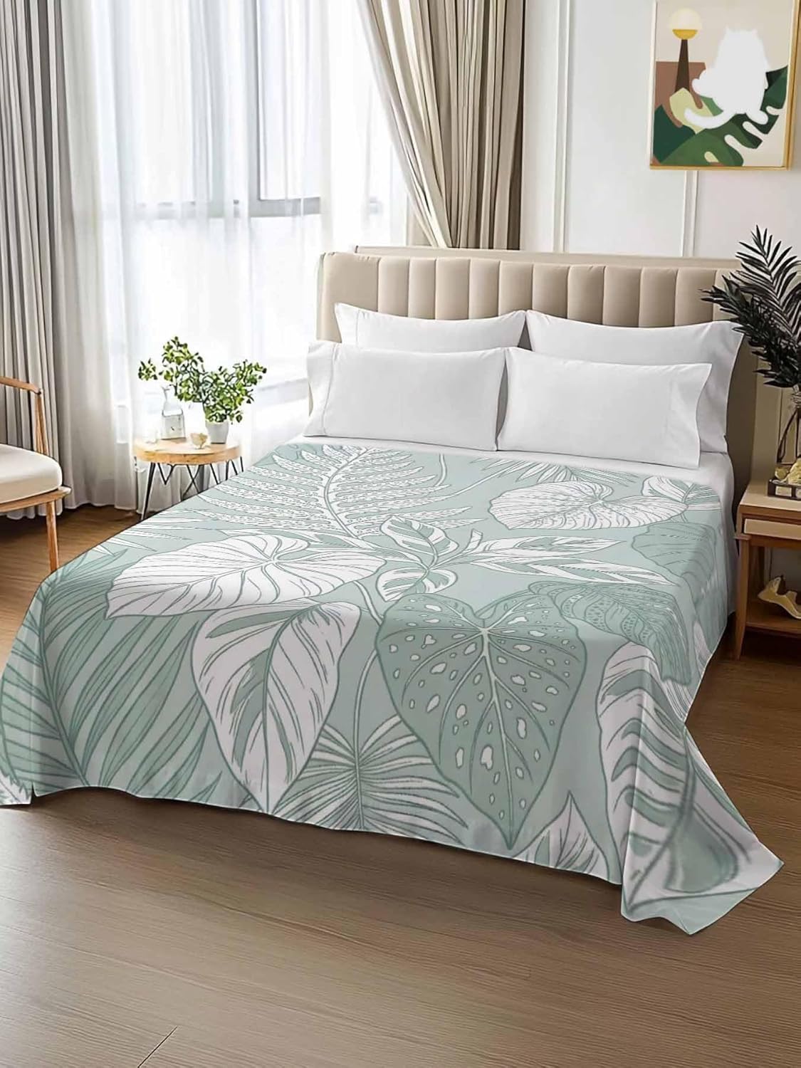 Top Sheet Queen Bedding Flat Sheet Only, Abstract Fern Plants Leaves Sketch Microfiber Bed Sheets Soft Breathable Bedding Flat Sheets, Light Green Palm Leaf Hotel Luxury Top Sheets