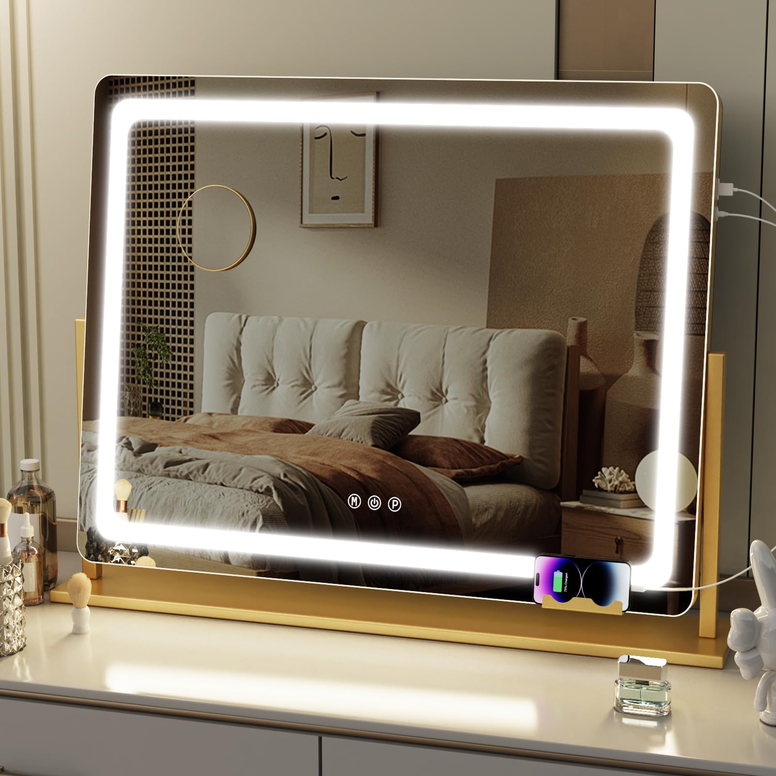 Makeup Vanity Mirror with USB Charging Port 22.8" x 18.2" Large LED Makeup Mirror, Desk Mirorr with Lights, Light up Mirror with 10X Magnification and, Dimmable 3 Modes, Touch Screen Control