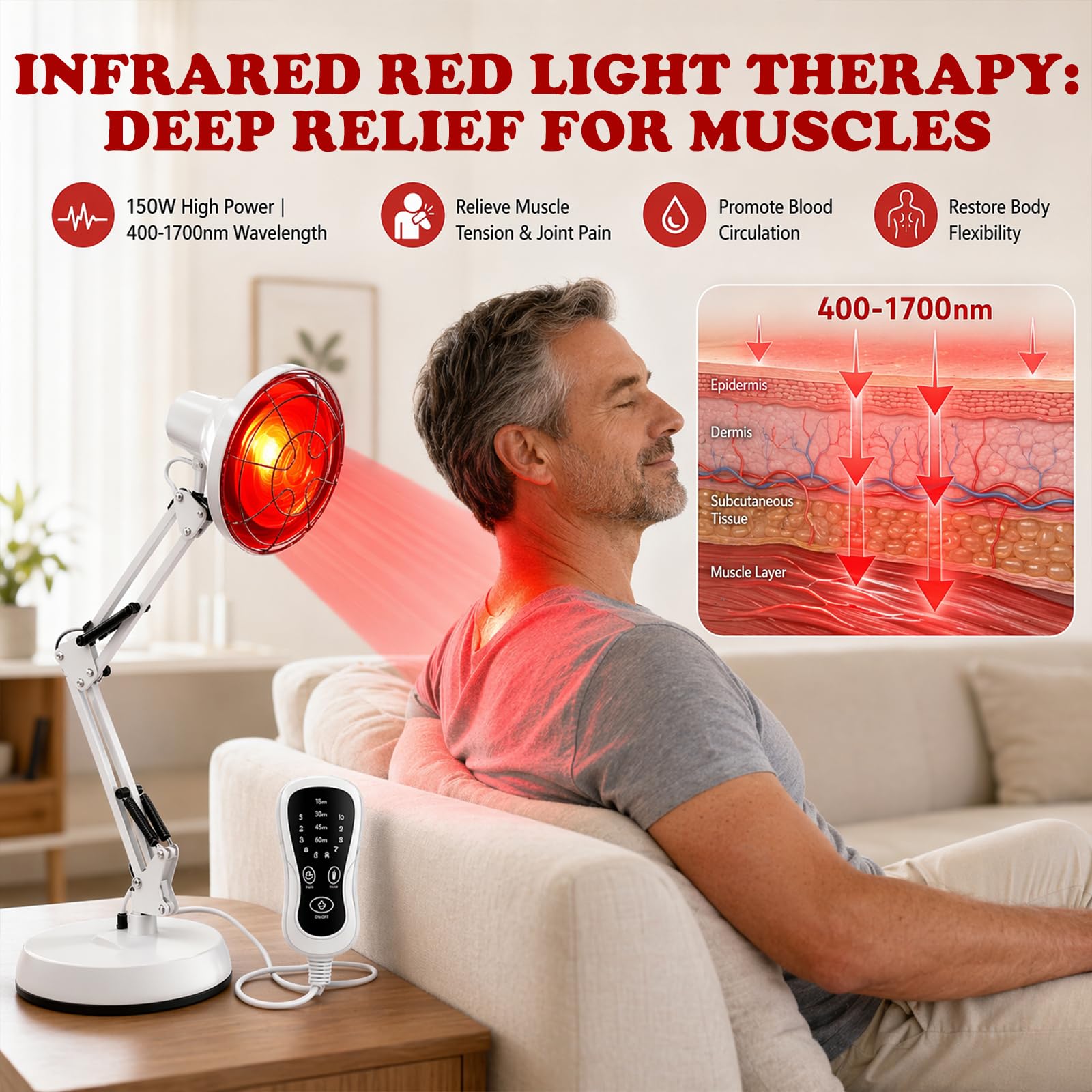LOMUG Lampe Infrarouge 150W 10 Niveaux de Température Réglable, Lumiere Infrarouge avec Minuterie ELectronique, Bras de Support RéGlable, Lampe Chauffante pour La Maison