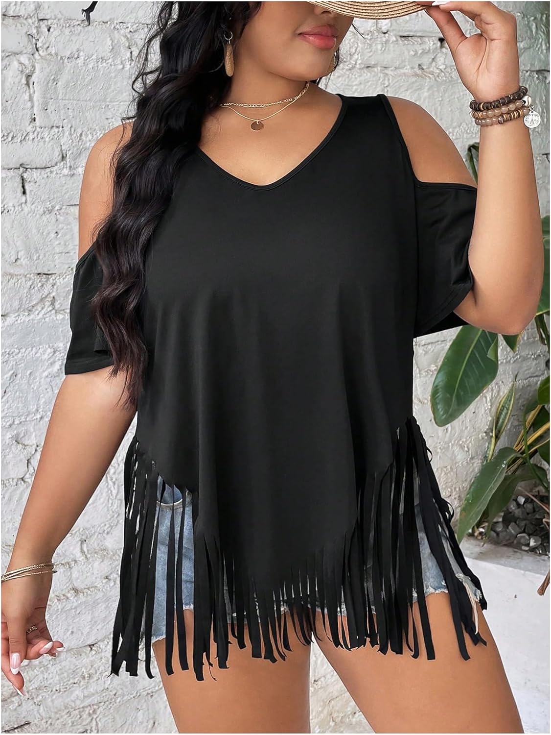 Women's Plus Size Fringe Hem V Neck Tops Short Sleeve Cold Shoulder T Shirts Top - Image 3
