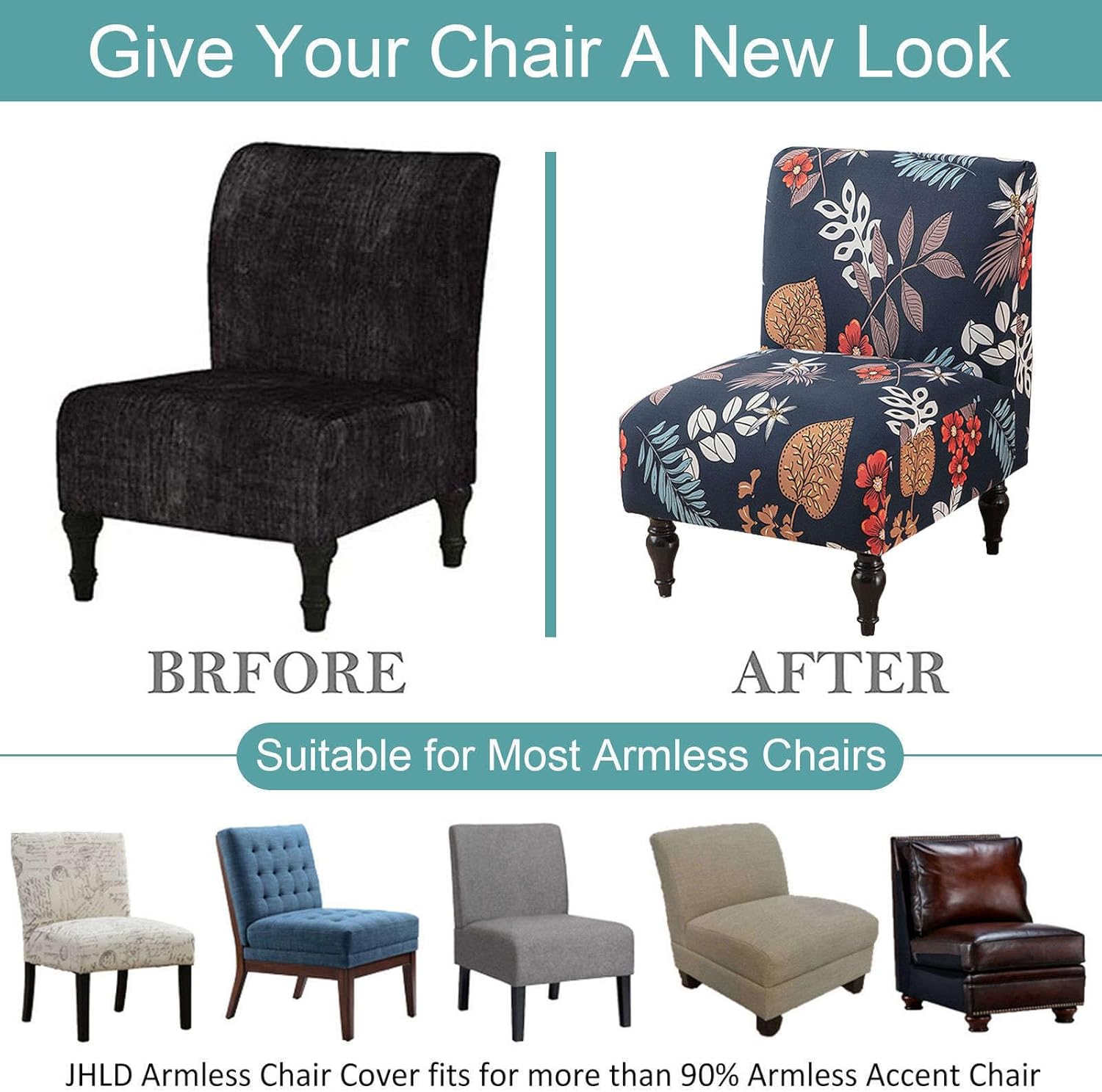 Stretch Armless Accent Chair Covers, Spandex Armless Accent Chair Slipcovers Printed Soft Armless Chair Slipcovers with Elastic Bottom Non Slip Armchair Covers for Living Room-T-2 Pcs