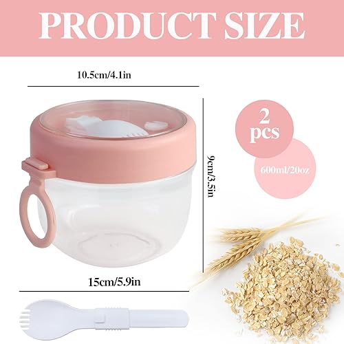 Miniatura 2 de 2 recipientes de avena para la noche con tapas, cuchara de 20 onzas, tarros de yogur de plástico portátiles, tazas de desayuno para adultos, tarros