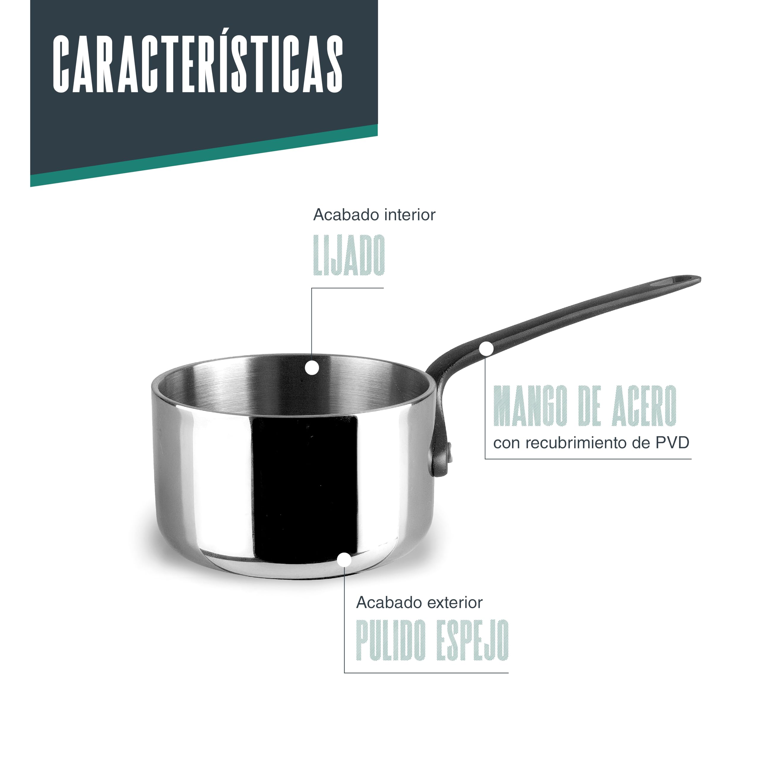 Lacor - 61144 - Mini Cazo Trimetal, Acero Inoxidable 18/10, Diámetro 8,5 cm, 270 ml, Núcleo de Aluminio, Mango Ergonómico con Recubrimiento PVD Titanio, Elegante y Funcional