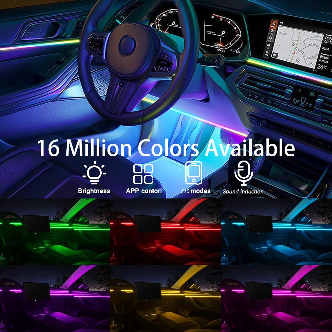 Kit di strisce LED per illuminazione interna dell'auto, in acrilico, 2 in 1, 110 cm + 35 cm, con controllo tramite app, 16 milioni di colori, 210 modalità per decorazione abitacolo e cruscotto.