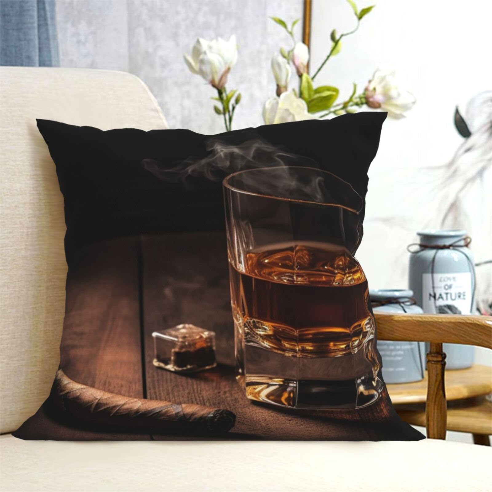 FHEBNDS Cigar & Whiskey Pillow Covers 18"x18" Modern Sofa Throw Pillow Cover Decorative Pillowcases Square Throw Pillow Case Soft Pillow Shams Farmhouse Cushion Case for Bed Home Decor