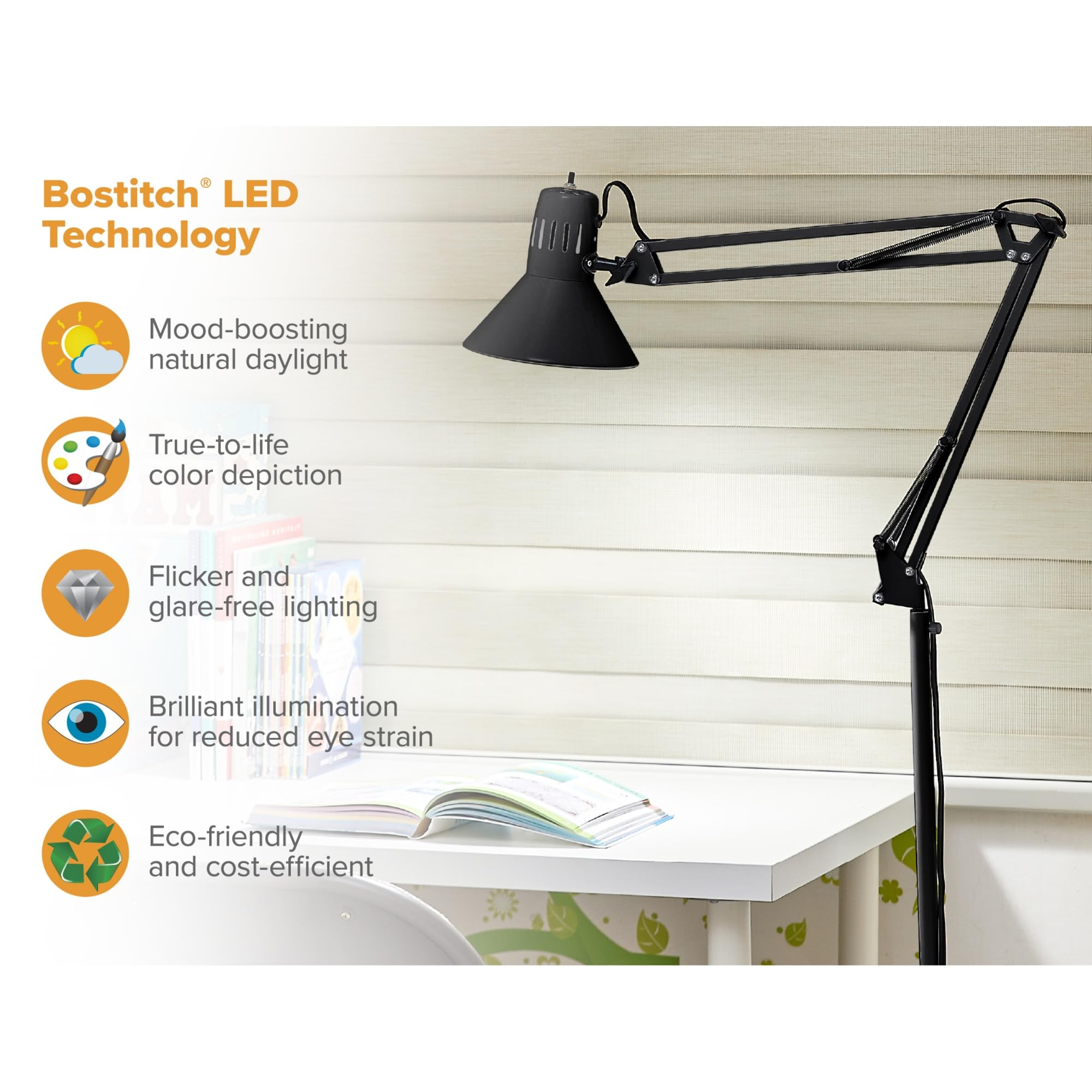 Office VLF100F - Lámpara de pie de metal con brazo oscilante, 72 pulgadas de alto con ajuste de juntas múltiples, incluye bombilla LED reemplazable (VLF), color negro 5