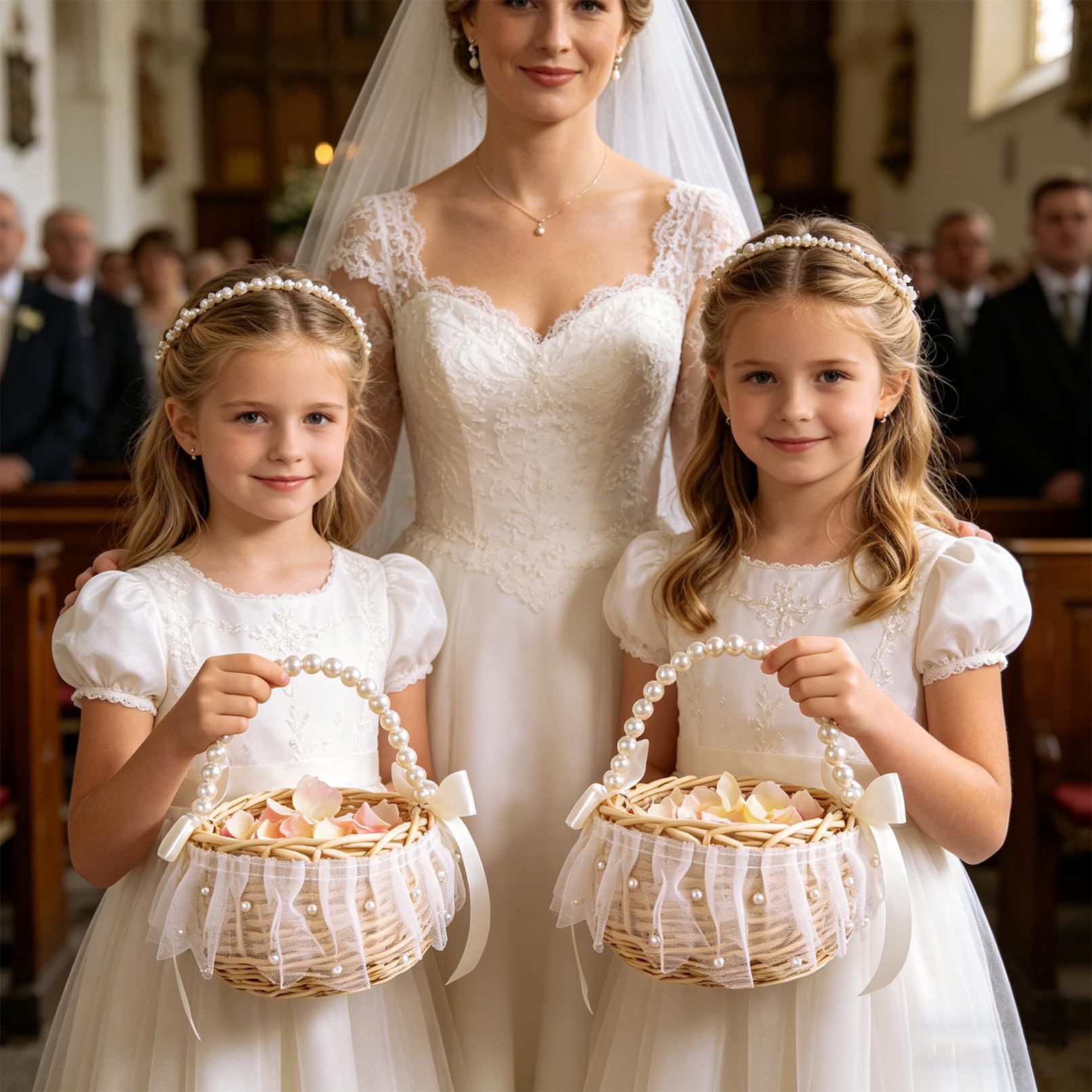 Blumenmädchen Korb 20×16 cm mit Henkel & Satin Schleife – Blumenkörbchen Hochzeit für Blumenkinder, Weiß