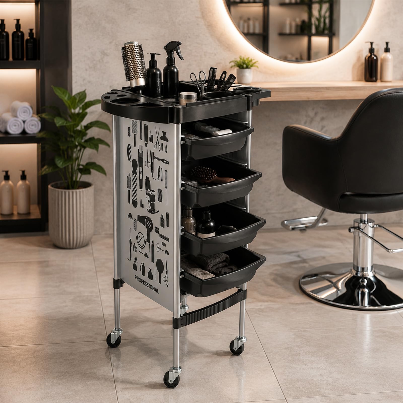 Chariot De Coiffure, Desserte Salon avec roulettes, 4 Tiroirs 5 Niveaux