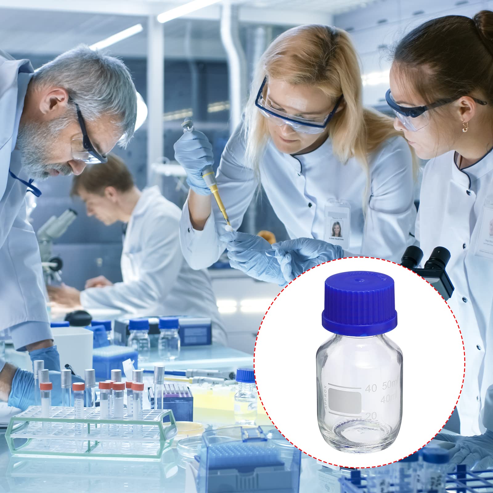 PATIKIL 50mL Reagenzmittelflasche, 4Pcs runde abgestufte Glasspeicherflasche blaue Schraube für Labor Haus, klar