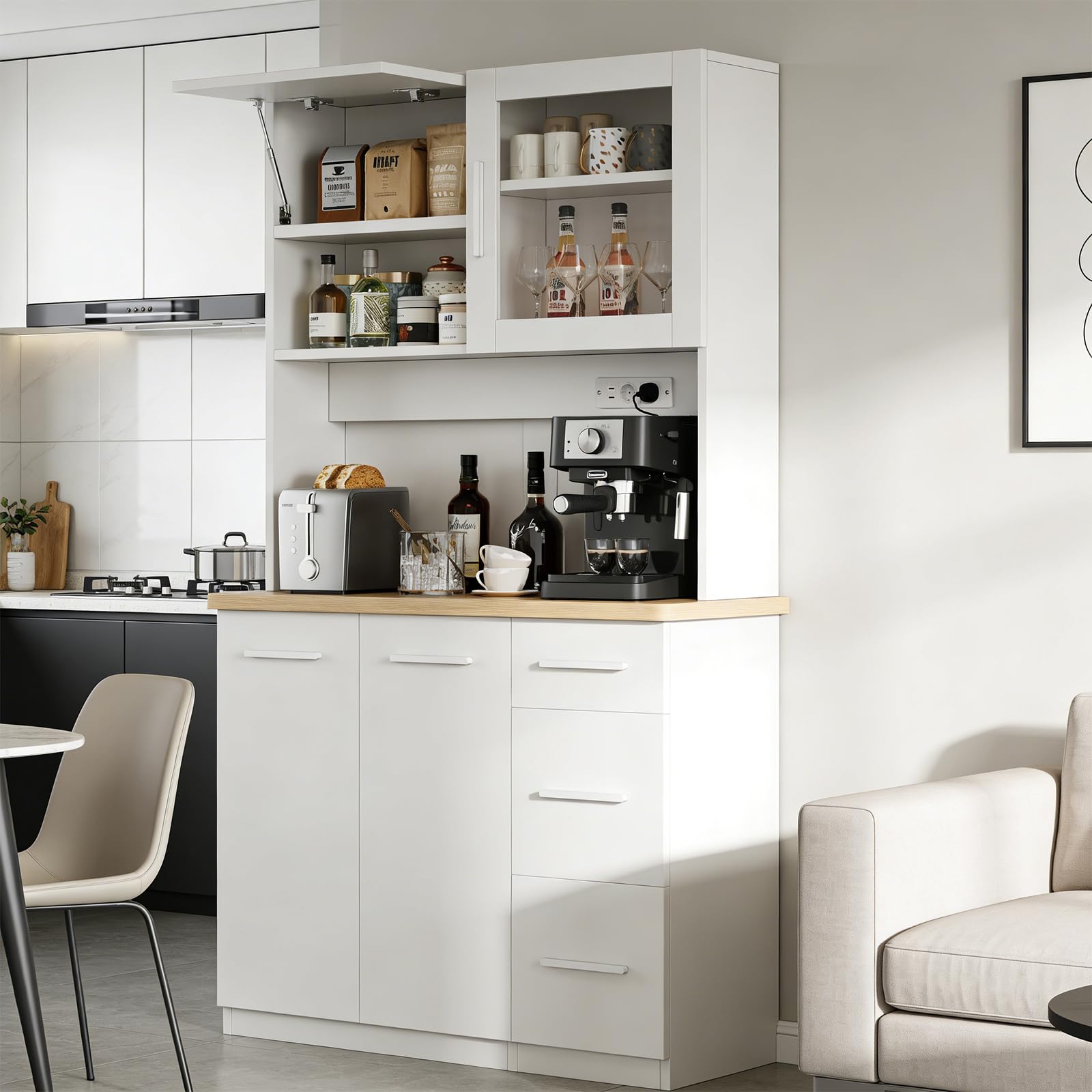 Devoko küchenschrank, Buffetschrank, Hochschrank mit Steckdosen und Led-Lichtleisten 3000K,mit Arbeitsplatten 24mm,Verstellbare Einlegeböden,3 Schubladen,100x40x182cm