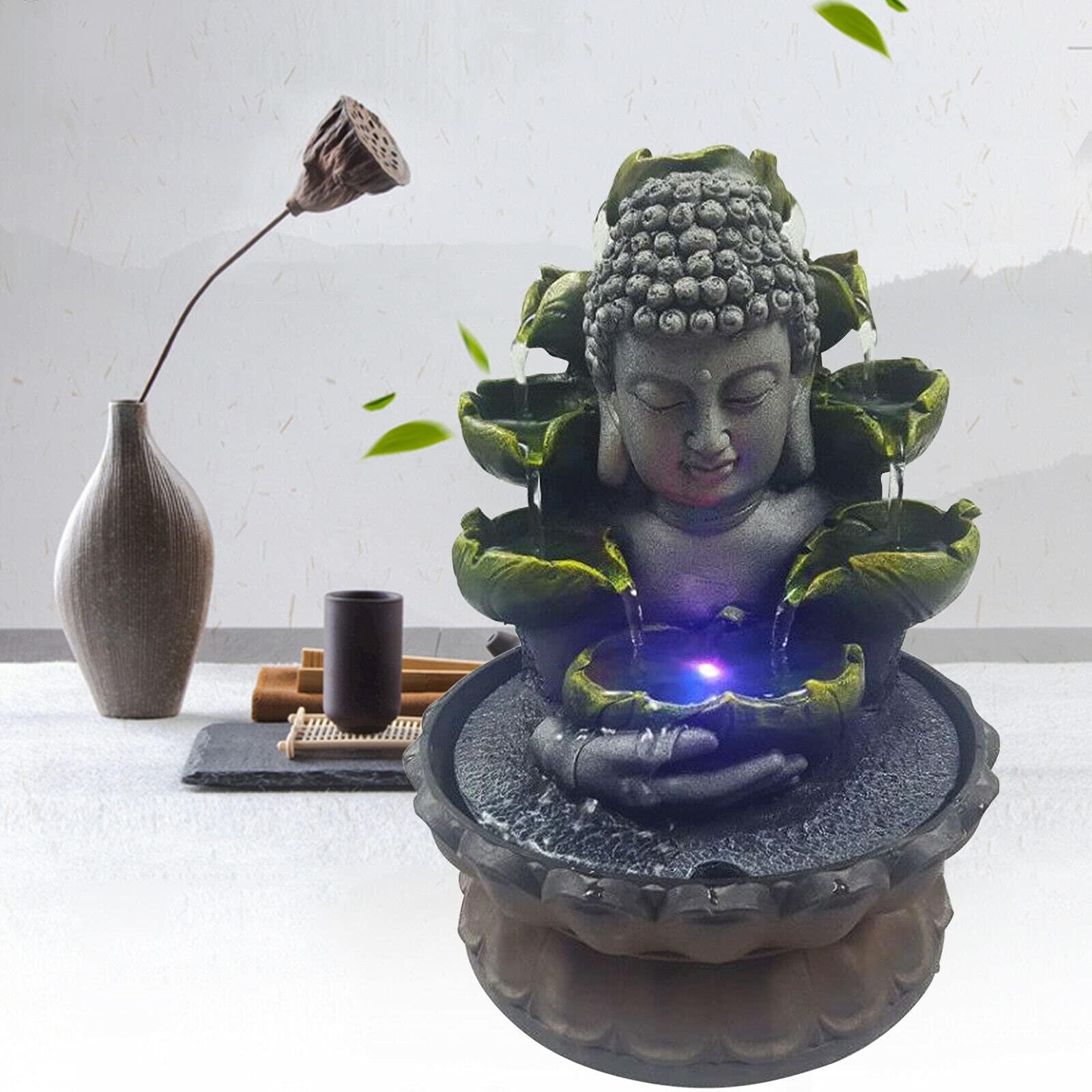 Fontaine d'intérieur Bouddha Décor d'intérieur en résine avec lampe LED 4 couleurs