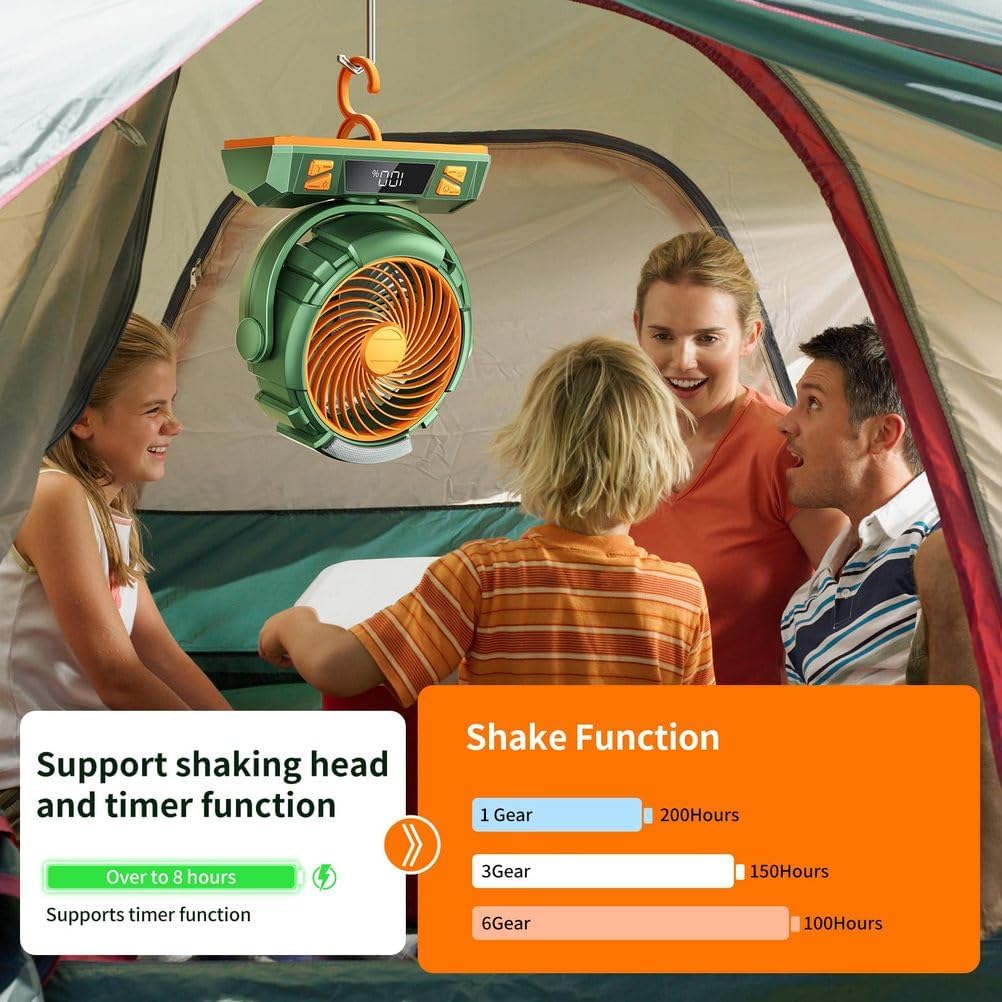 20000mAh Rechargeable Battery Powered Outdoor Tent Fan with Light and Hook, 6 Speed, Personal USB Desk Fan for Camping, Fishing, Power Outage,Hurricane