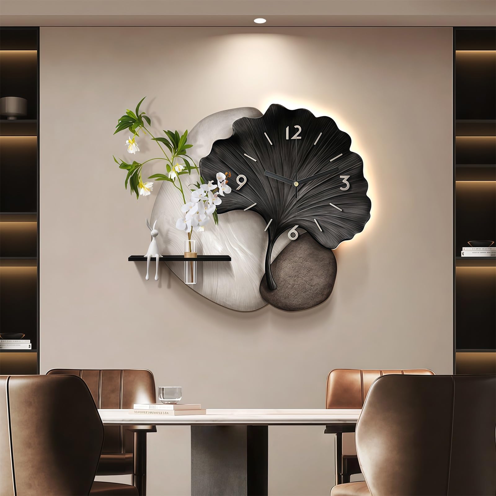 Orologio Da Parete Decorativo 3D Con Luce LED, Moderno Decorazioni Da Parete Con Vaso In Vetro, Orologio Murale Silenzioso Al Quarzo A Forma Di Foglia Di Ginkgo Per Casa, Soggiorno Camera Ufficio