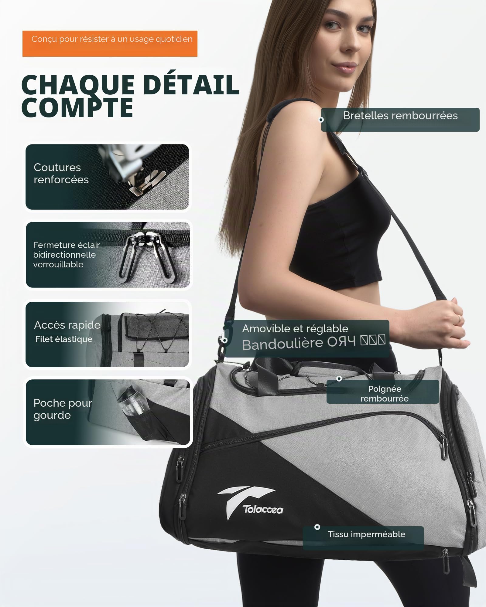 Tolaccea Sac de Sport pour Homme et Femme - 45 à 63 l - Extensible - Grand Sac de Sport avec Compartiment à Chaussures - Compartiment Humide pour Ordinateur Portable