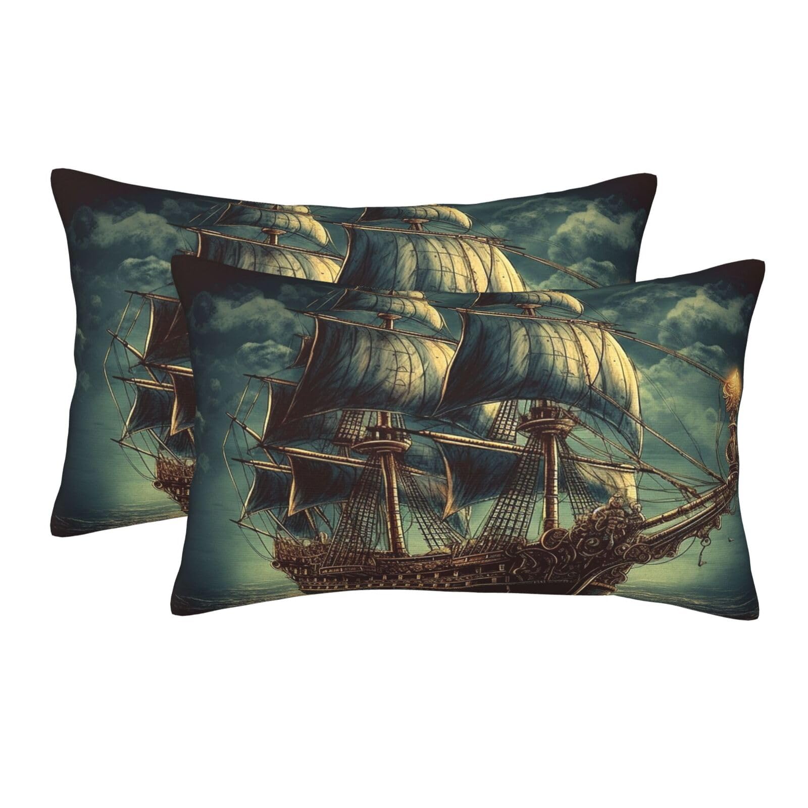 2 Pack Standard Size Pillow Cases for Hair and Skin Soft Breathable Pillow Case Covers with Hidden Zipper Nautical Vintage Sailing Pirate Ship Pillowcase 16"x24" Pillow Cover for Sleeping Gift
