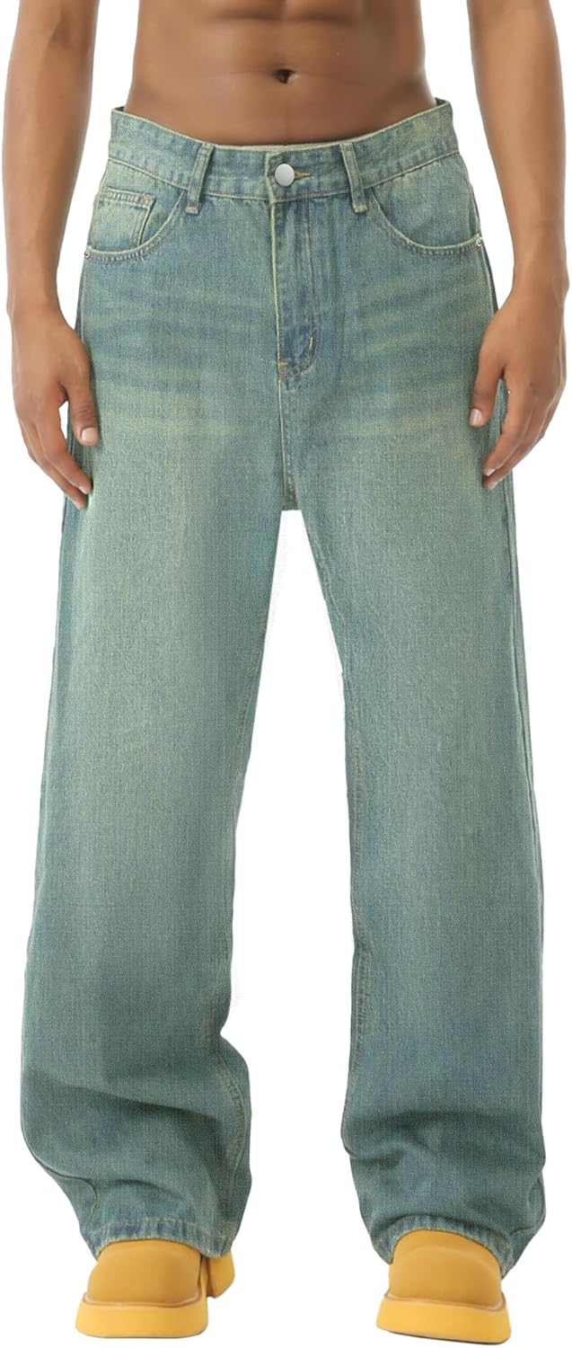 EMMIOL Baggy Jeans Men Wide Leg,Y2k Hip Hop Skater Denim Cargo Pants Casual Loose Fit,Relaxed Long Trousers