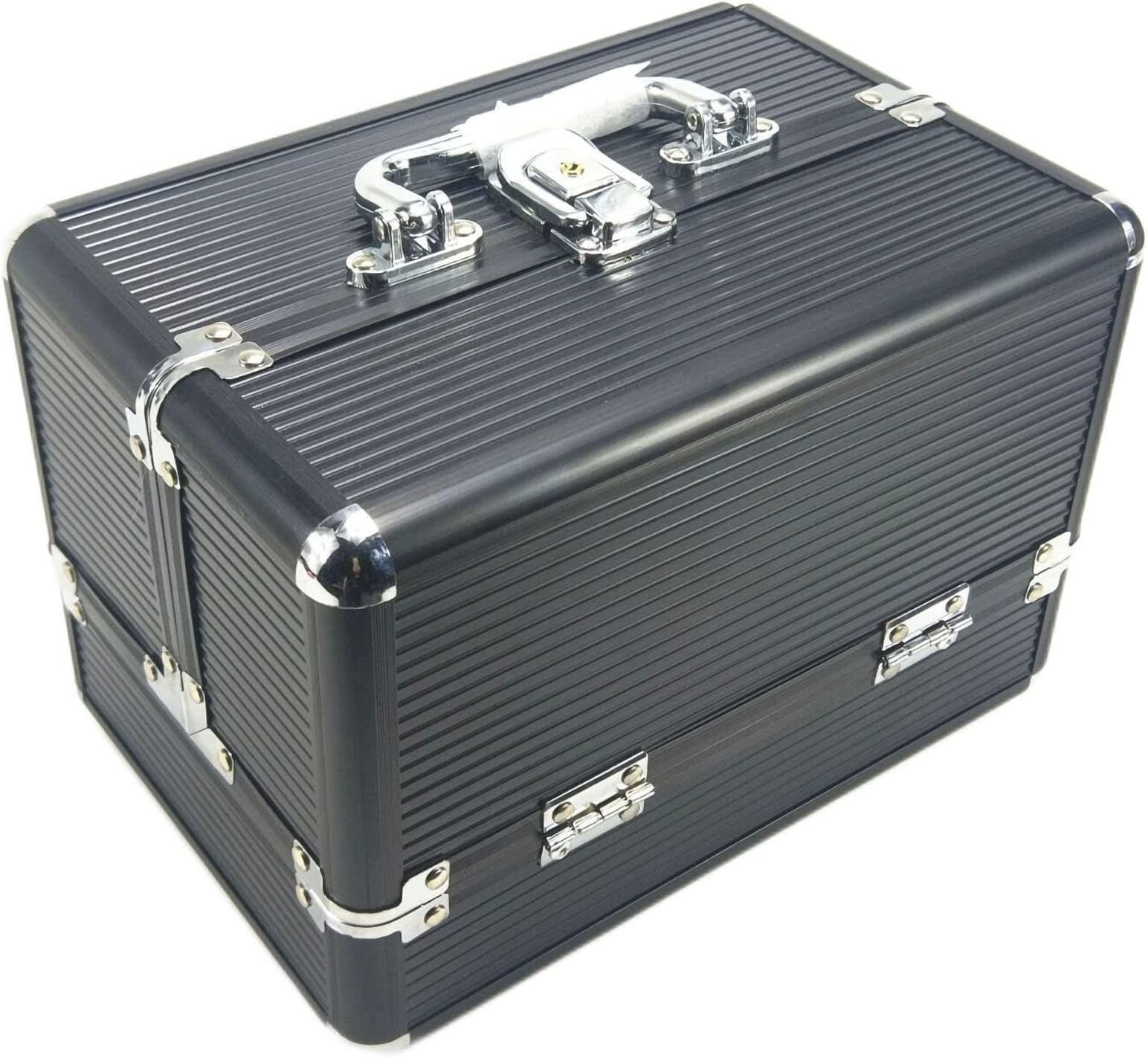 Makeup Case Large Capacity Multi-layer Storage Box for Home Salon, Aluminium Alloy Frame Cosmetic Container for Nail Arts, Beauty Salon, ABS Stripes (Black Strip Black Bottom)