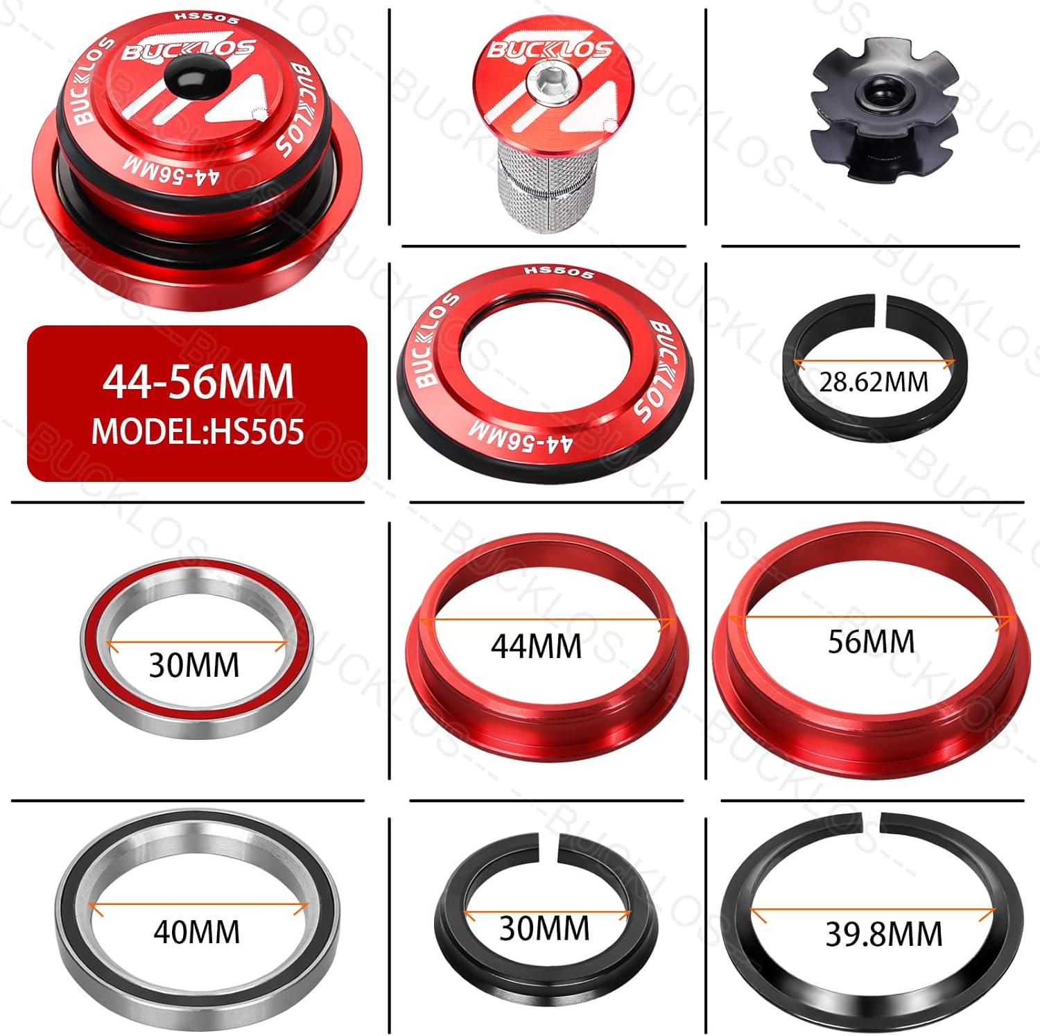 BUCKLOS Bike Headset Cup Removal Tool with Rubber Hammer for -1/8, 1-1/4, 1-1/2 inch for Repair & Headset,Bottom Bracket, Bearing Press-in Tool Black & 1-1/8 Bike Headset Threadless 44-56mm Red