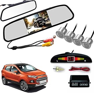Auto Pearl 4.3 Inch TFT LCD Rearview Mirror Parking Video System with 16.5 MM for Reverse HD Camera, 4 Silver Parking Sensors Compatible with Ecosport-2017 Onwards