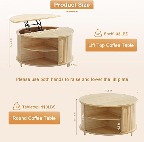 Miniatura 2 de Mesa de centro redonda con parte superior elevable, mesa central de madera estriada de 31.5 pulgadas con puerta corredera y almacenamiento oculto,