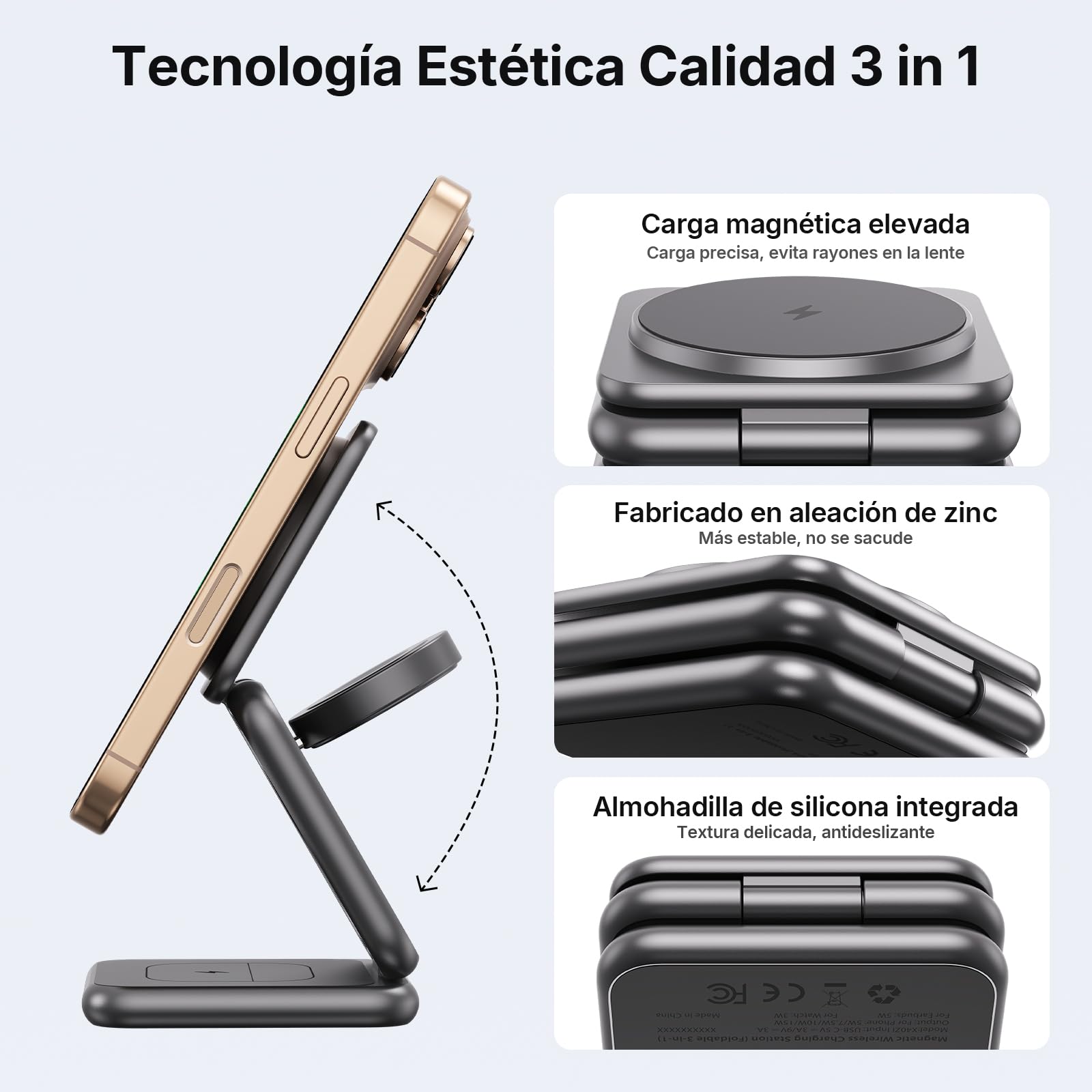 Cargador Inalambrico, Plegable 3 en 1 Base Cargador para iPhone y Apple Watch, Compatible con iPhone 17/16/15/14/13/12 Series, Apple Watch 10/9/8/7/6/SE/5/4, para AirPods 2/3/4/Pro