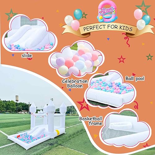 Miniatura 5 de Castillo inflable blanco de 12.5 x 7.1 pies con tobogán y piscina de bolas, juguetes para interiores y exteriores para niños activos utilizados para