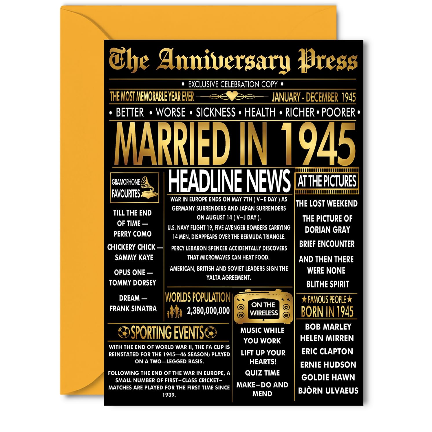 Gold 81st Anniversary Card for Women Men - Golden Newspaper Married in 1945-81 Year Wedding Anniversary Card for Wife Companion Husband Partner, 5x7 Inch Anniversaries Greeting Cards