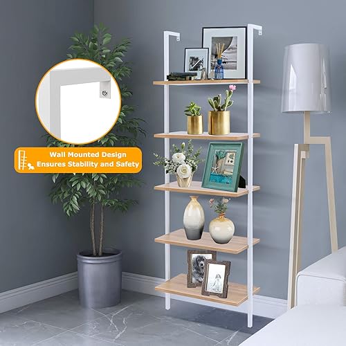 Miniatura 5 de ANTSKU Estantería de escalera de 5 niveles para montar en la pared, estantería de escalera con marco de metal y estante de madera, estantería de