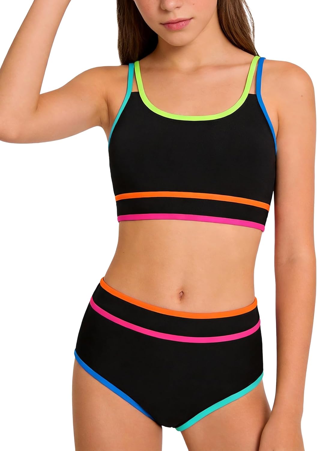 Teen Girls Swimsuit Color Block Sporty Bikini Sets with Cover Up Skirt 3 Piece Bathing Suit Size 7-16 Years