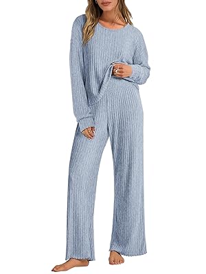 ANRABESS Women 2 Piece Lounge Pajamas Sets Casual Ribbed Knit Long Sleeve Top Pants Matching Set 2025 Fall Outfits Clothes
