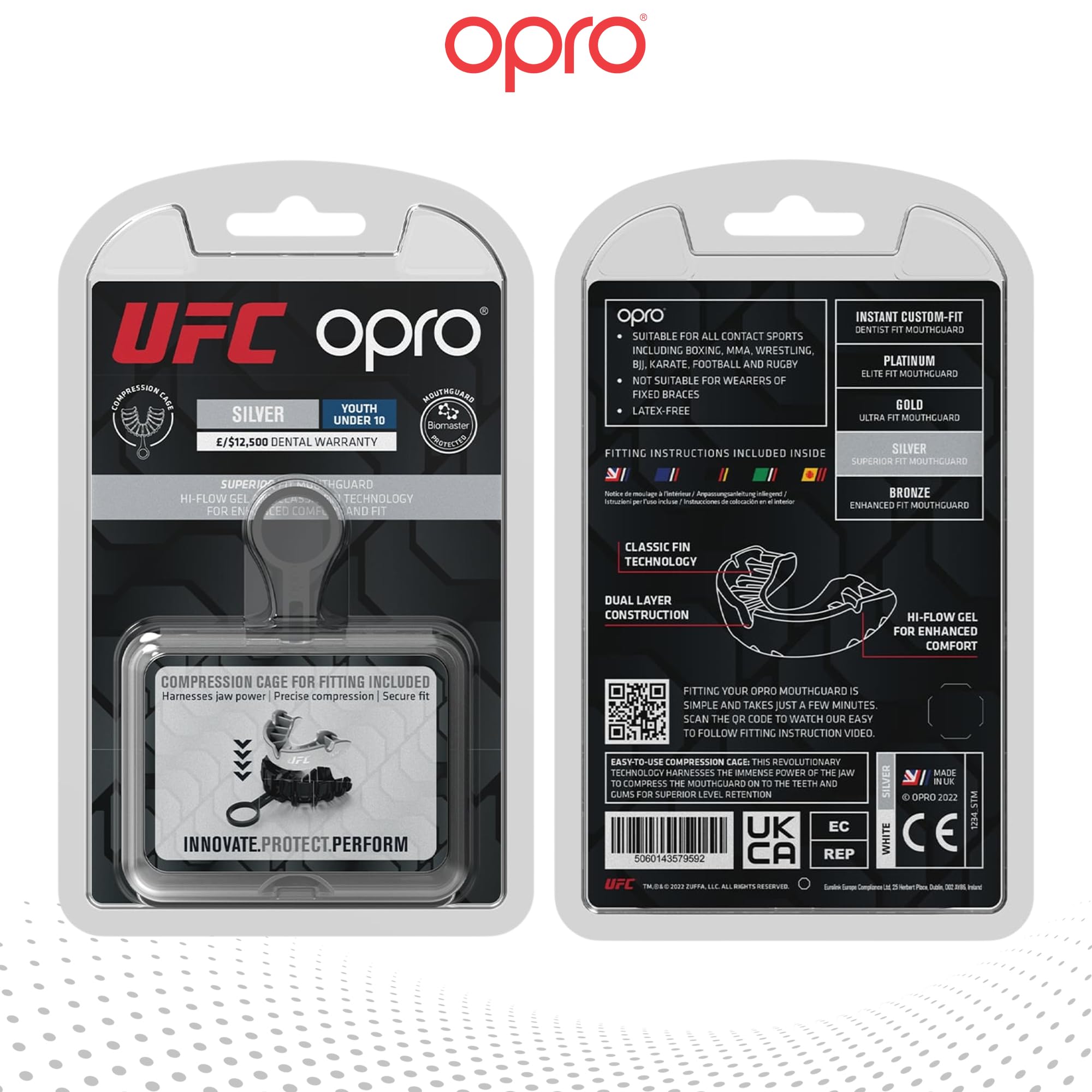 OPRO Silver Level UFC sportowy ochraniacz na zęby dla dorosłych i dzieci z etui, gumowa osłona dla dzieci z rewolucyjną technologią dopasowania do UFC, MMA, boksu, BJJ i innych sportów walki (srebrny,