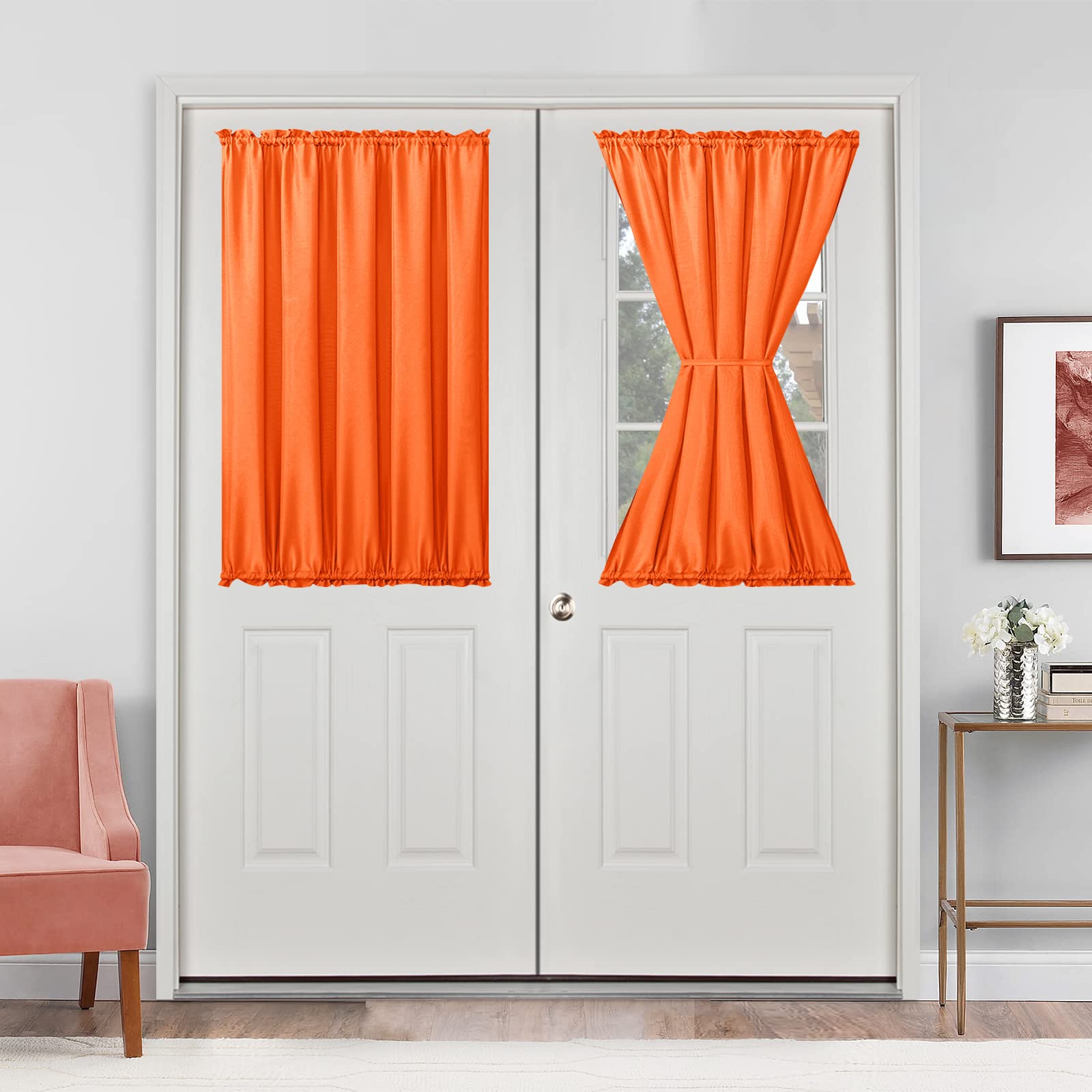 Rideaux de porte française orange citrouille 132x101 cm | Hiasan voilage à passe-tringle