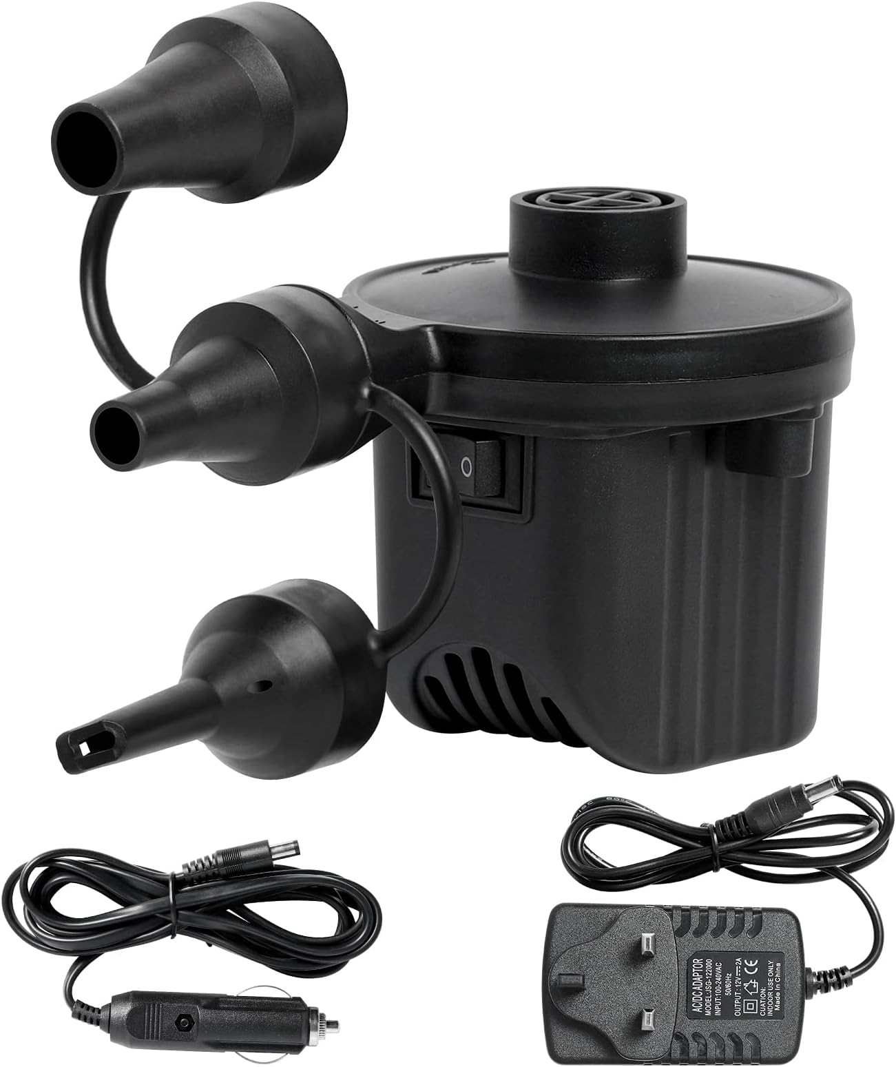 Electric Air Pump Quick-Fill Air Pump with 3 Nozzles 220-240V AC/12V DC (Home/Car) Portable Electric Pump for Inflatables Paddling Swimming Pool Airbed Camping Air Mattress