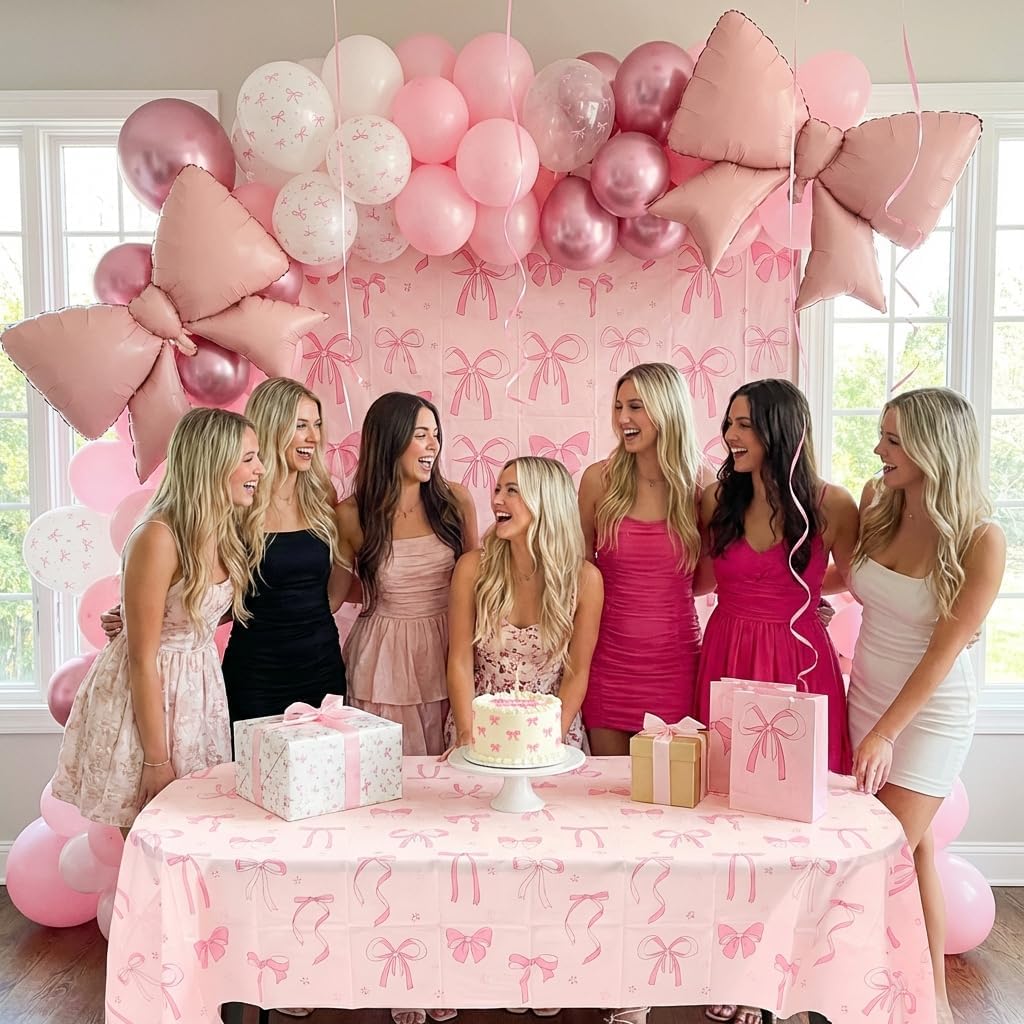 112Pcs Pink Bow Birthday Decorations Balloons Table Cloth Set for Party, 100PCS 12" Pastel Light Pink Bow Print Coquette Balloon, 4PCS 38" Giant Pink Bow Balloons, 3PCS Decor Tablecloths Girls Women