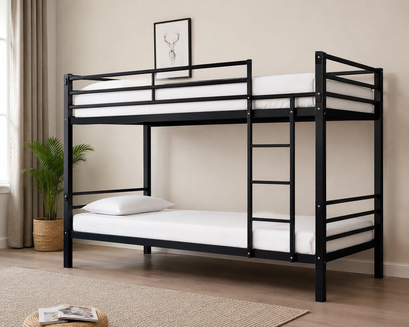 Metal Bunk Bed, Heavy Duty Steel Bunk Bed Frame with Safety Guard Rails & Integrated Ladder, Noise Free Metal Slat Support, No Box Spring Needed, Space Saving Kids & Adults Bed, White-image-31