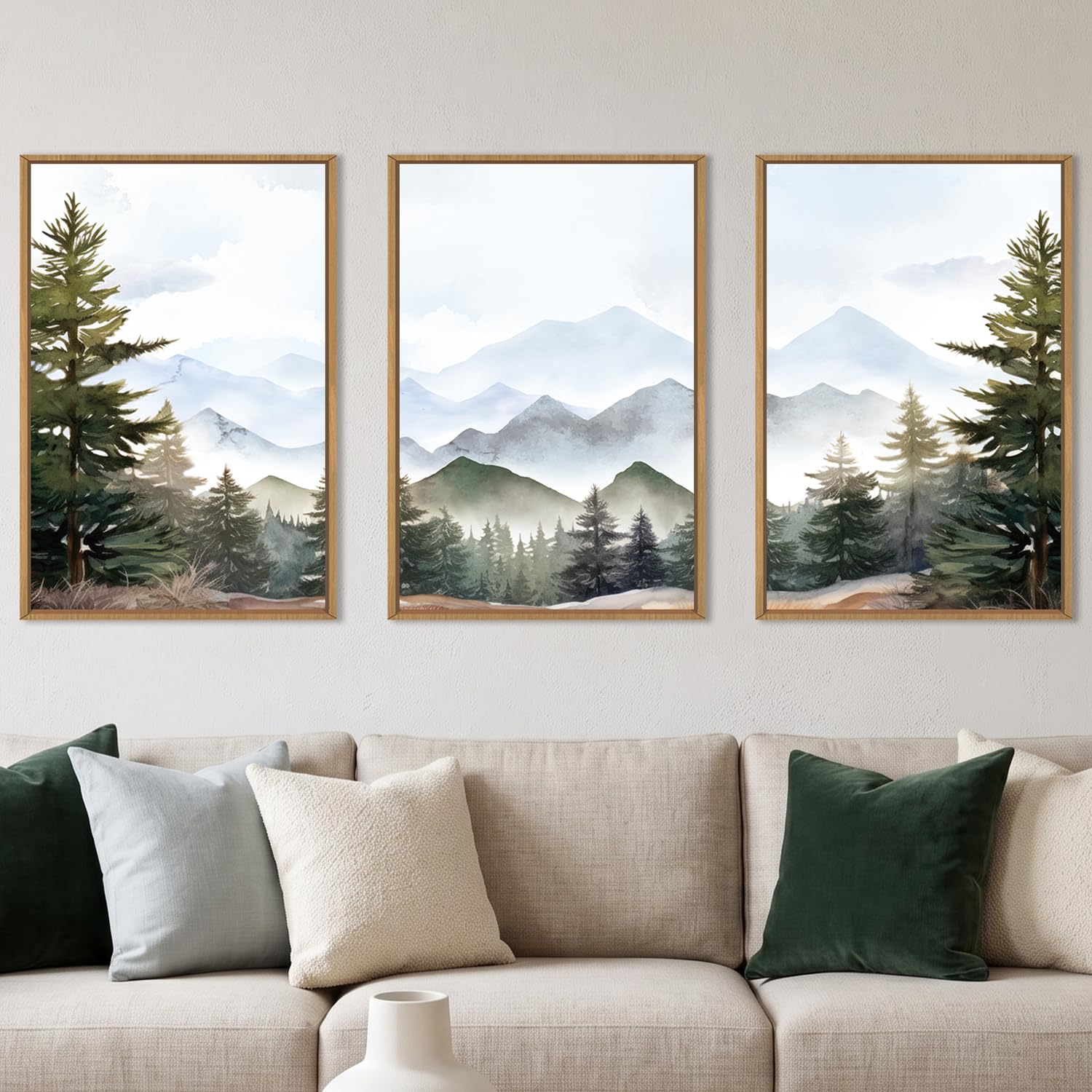 KAIRNE Misty Mountain Forest Landscape Framed Canvas Wall Art Set-24"x36"x3