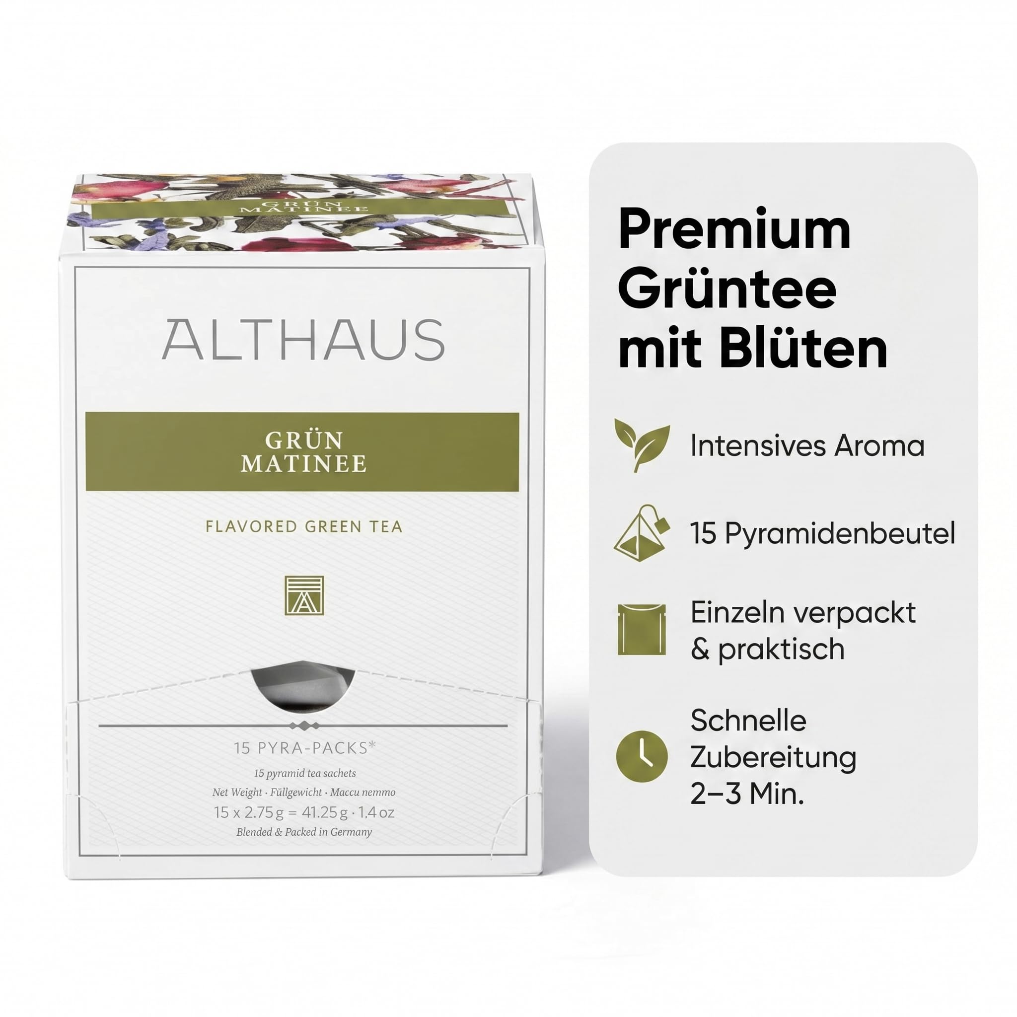 ALTHAUS Grüner Tee Grün Matinee, aromatisierter Sencha Tee mit Blüten, 15 Pyramiden-Teebeutel, einzeln verpackt, 41,25 g, Grüntee Beutel, 6 x 15 Beutel = 90 Portionen