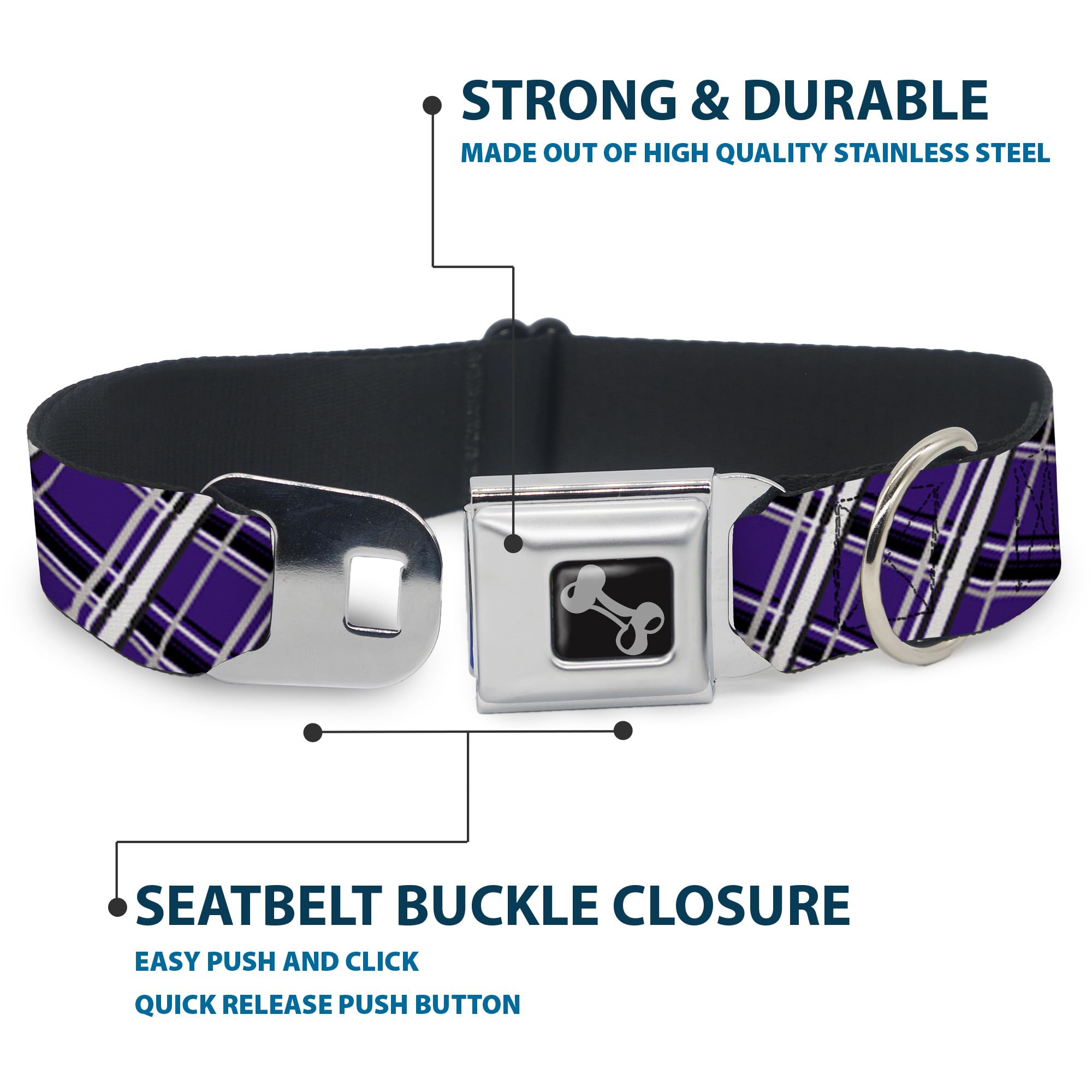 Buckle Down Pied-de-Poule Grigio/Viola/Bianco Collare Osso, L/15 – 66 cm