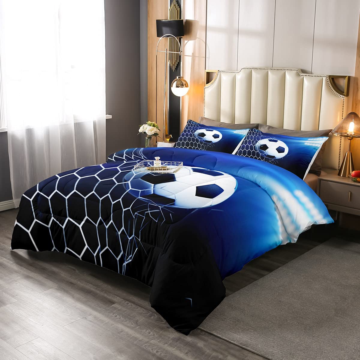 Edredón 3D de Fútbol Con Relleno y Pelota para Niños y Niñas - Juego de Ropa de Cama Deportiva, Azul Brillante, 2 Piezas, Tamaño Individual