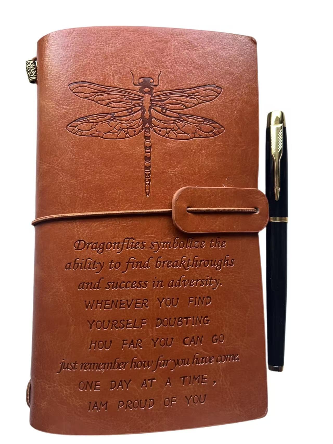 HoneyHu Leather Bound Dragonfly Journal - Unique dragonfly Journal Notebook for Soulful Expression, A6 Size, Half Lined & Blank Pages, Pen Holder.