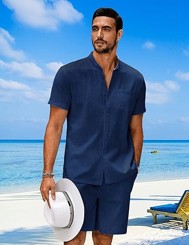 Miniatura 3 de Ekouaer Men's Linen Set Pajamas Set Button Down Short Sleeve Casual 2 Piece Beach Shorts and Shirt Loungewear Sets