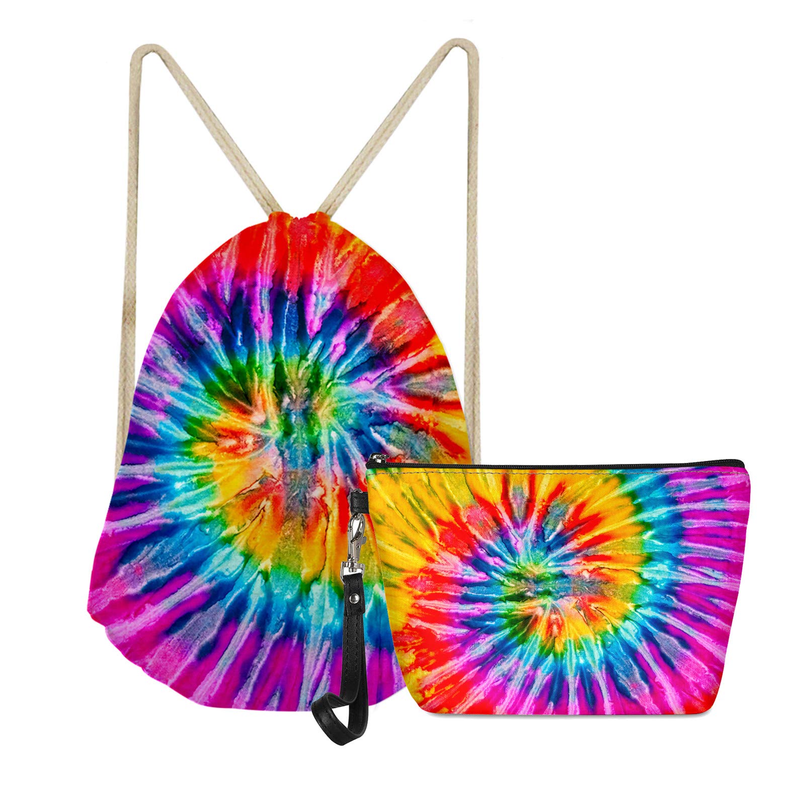 SEANATIVE Rainbow Tie Dye Drawstring Bag with Small Toiletry Case for Kids,Adults,Portable Travel Backpack,PU Leather Makeup Bag Set of 2